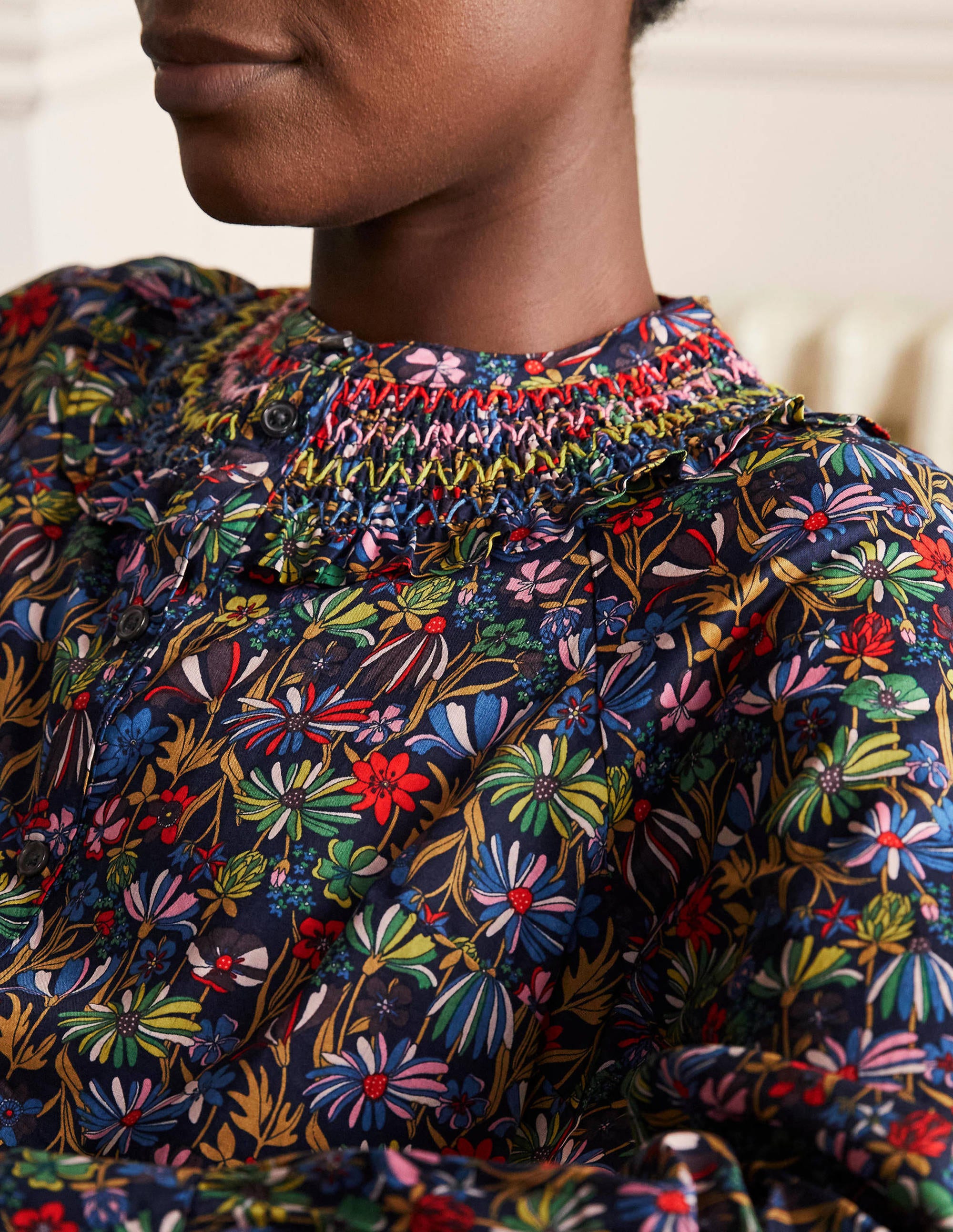 Leandra Smocked Cotton Shirt-Navy, Wild Dandelion - Image 1