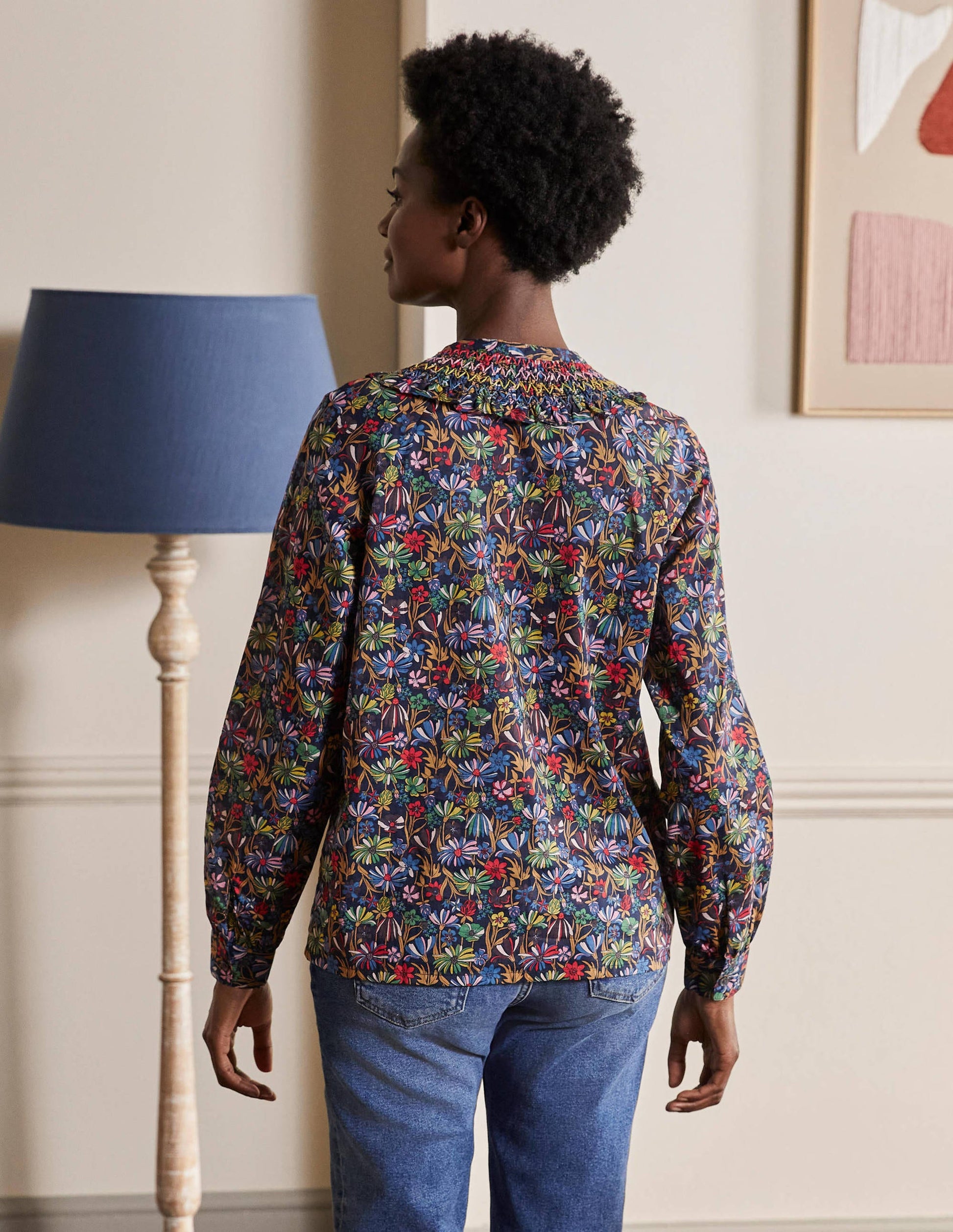 Leandra Smocked Cotton Shirt-Navy, Wild Dandelion-2