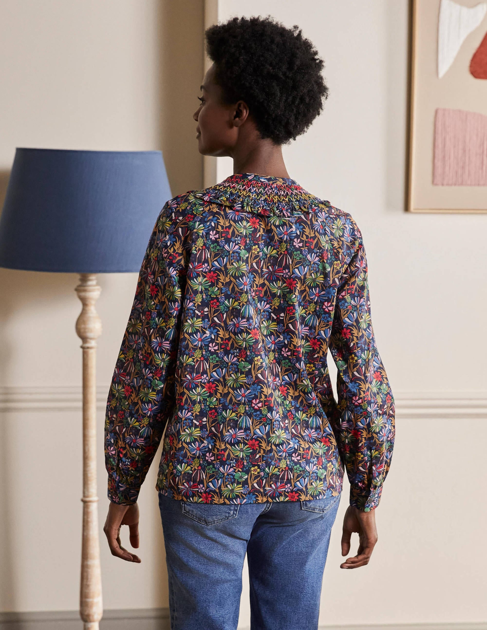 Leandra Smocked Cotton Shirt-Navy, Wild Dandelion - Image 2