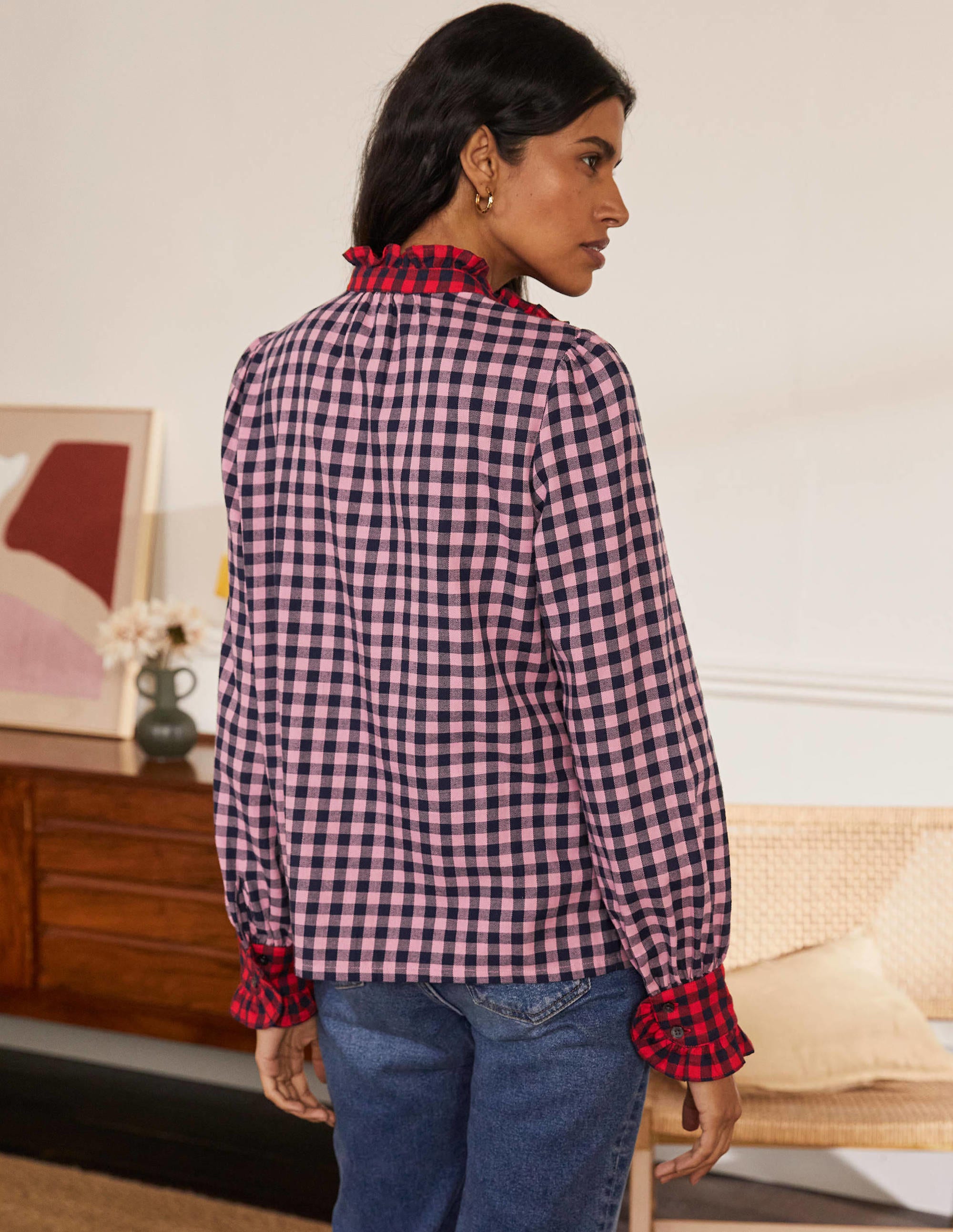 Isla Frill Detail Blouse-Formica Pink and Navy Gingham - Image 3