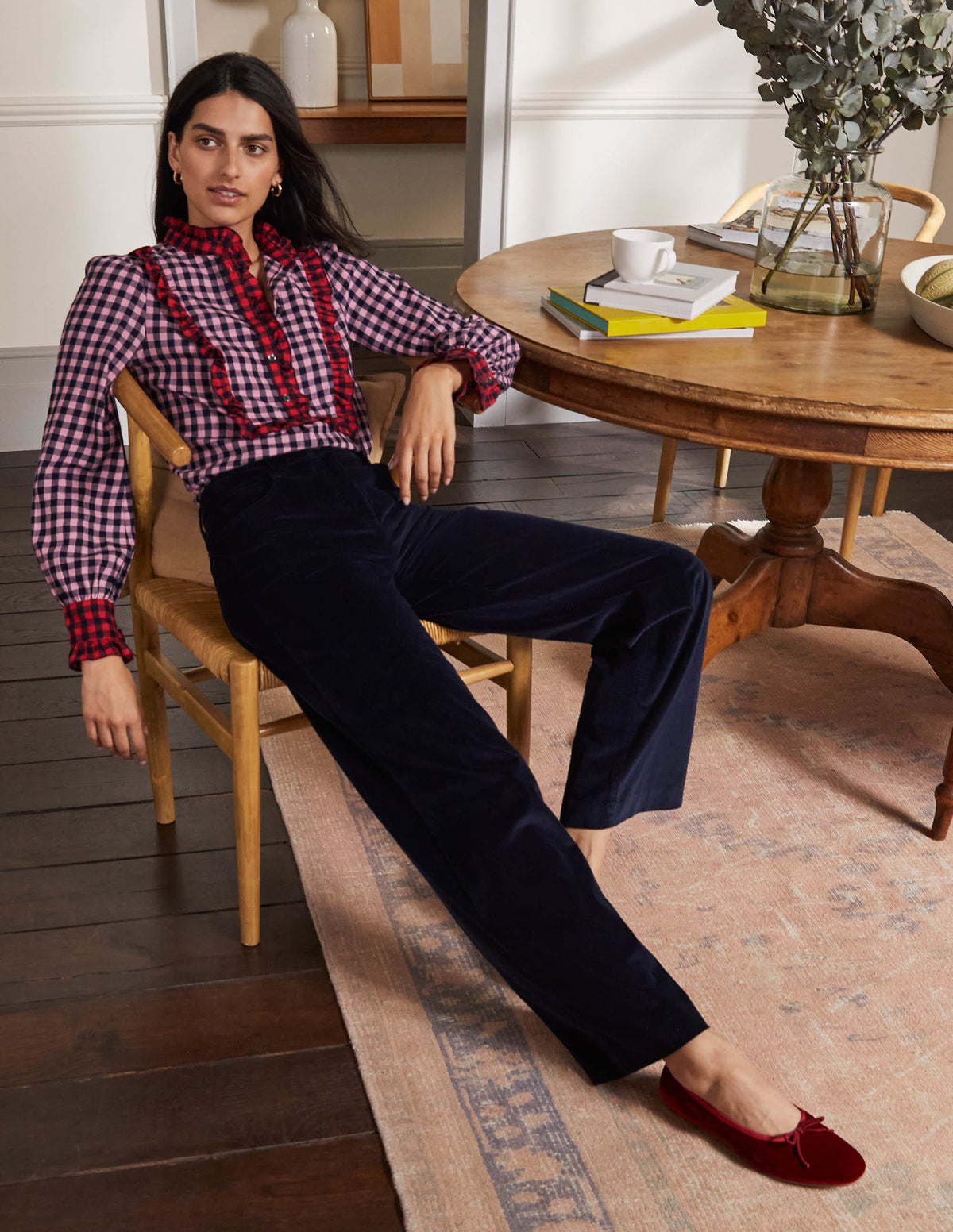 Isla Frill Detail Blouse-Formica Pink and Navy Gingham-5