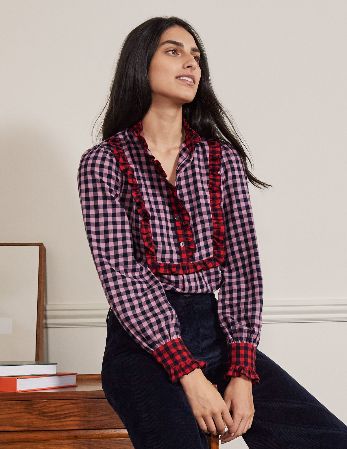 Isla Frill Detail Blouse-Formica Pink and Navy Gingham - Image 7