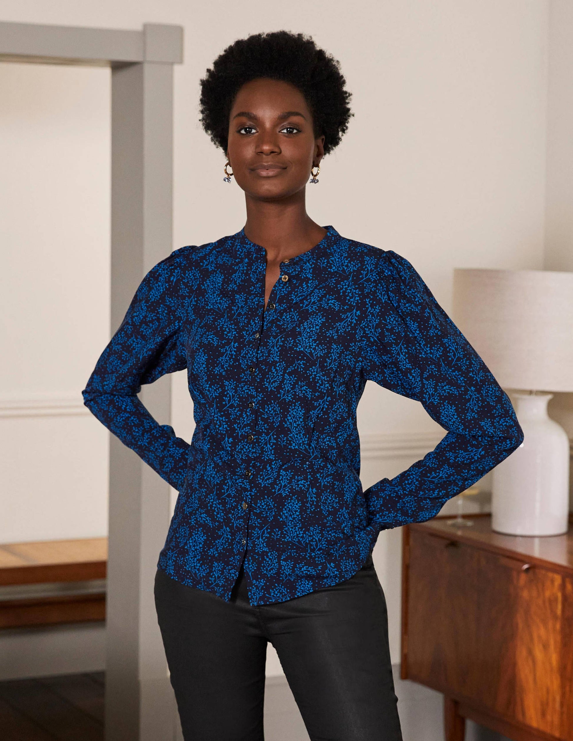Puff Sleeve Shirt-Navy/ Blue Leafy Sprig-4