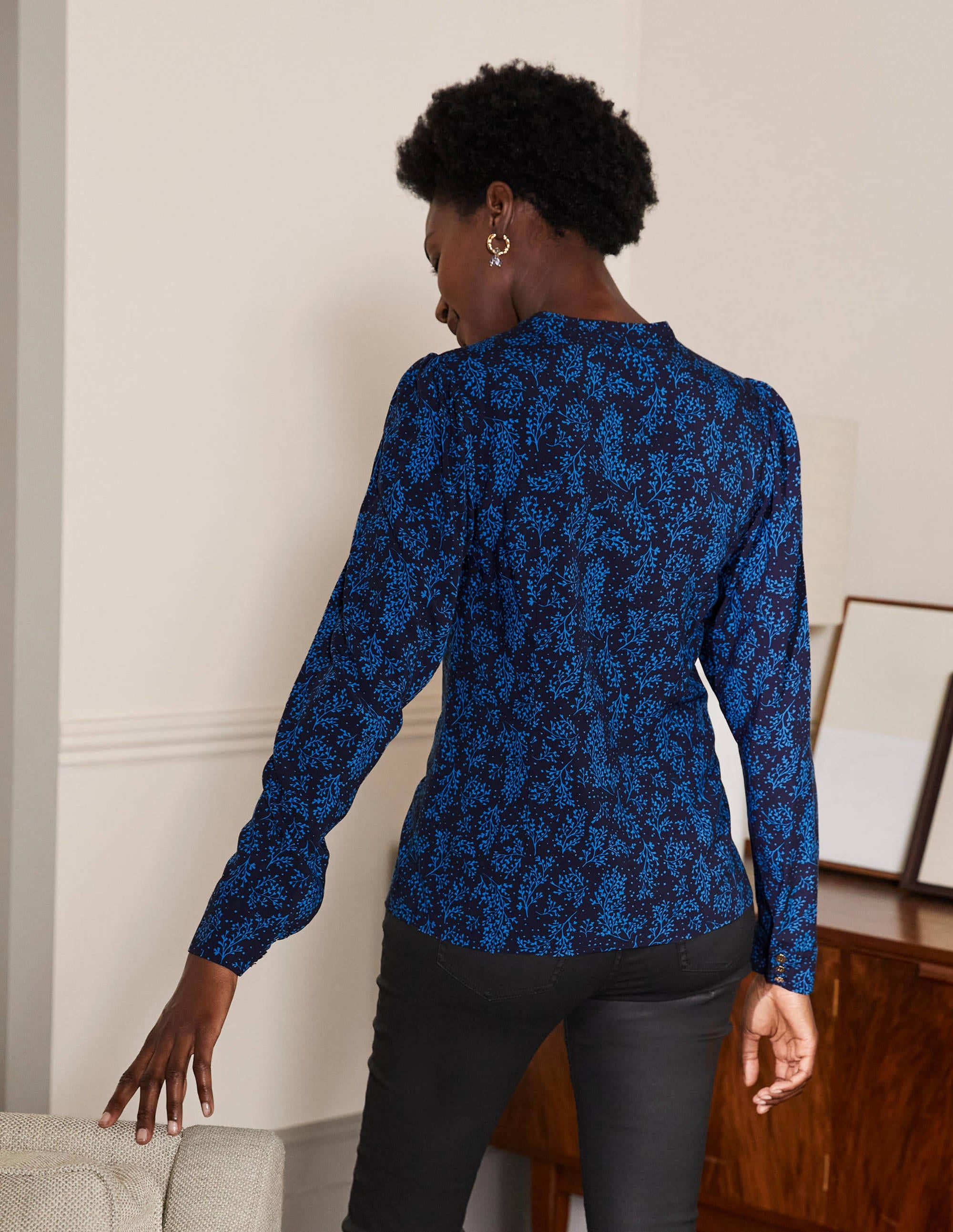 Puff Sleeve Shirt-Navy/ Blue Leafy Sprig - Image 2