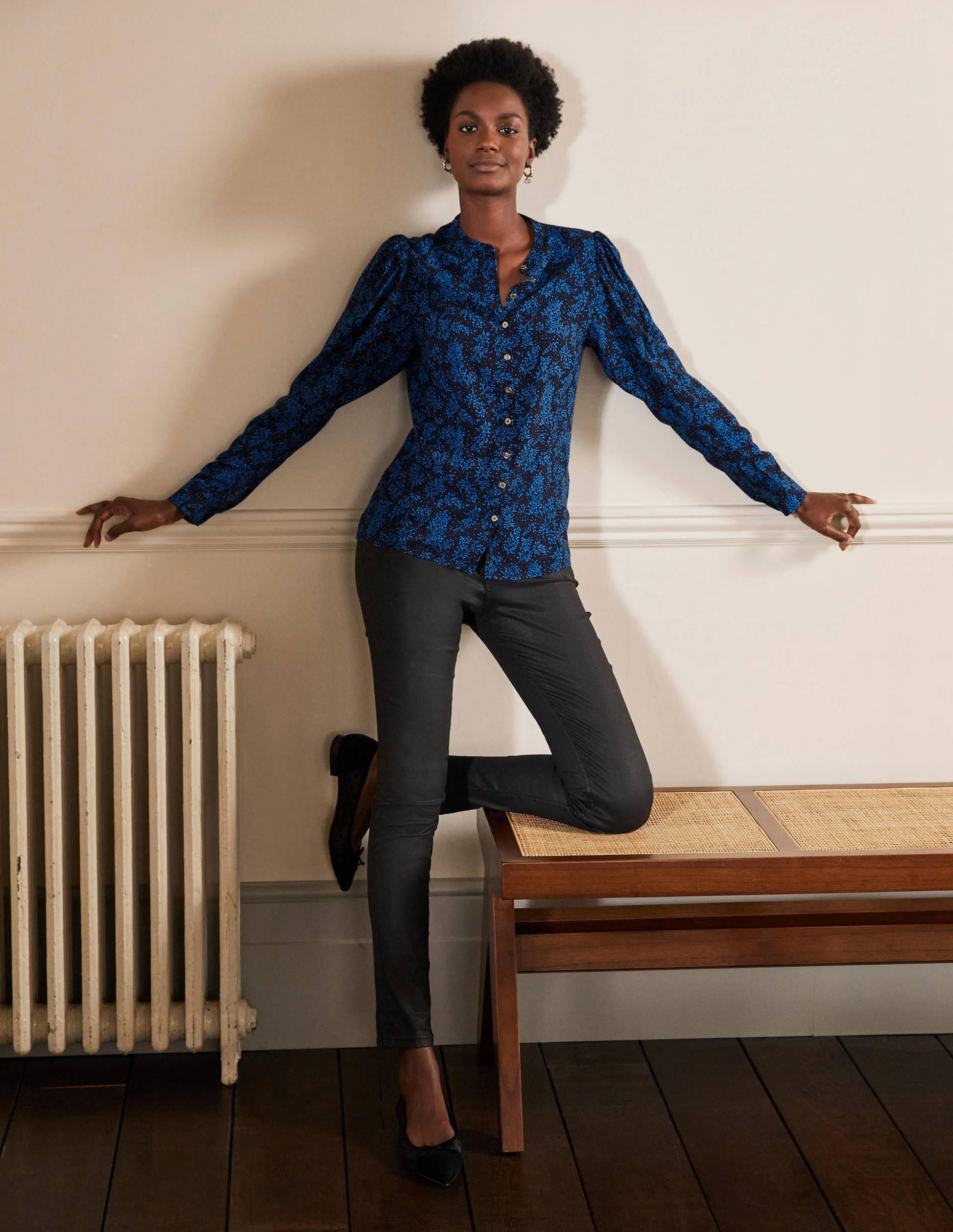 Puff Sleeve Shirt-Navy/ Blue Leafy Sprig-3