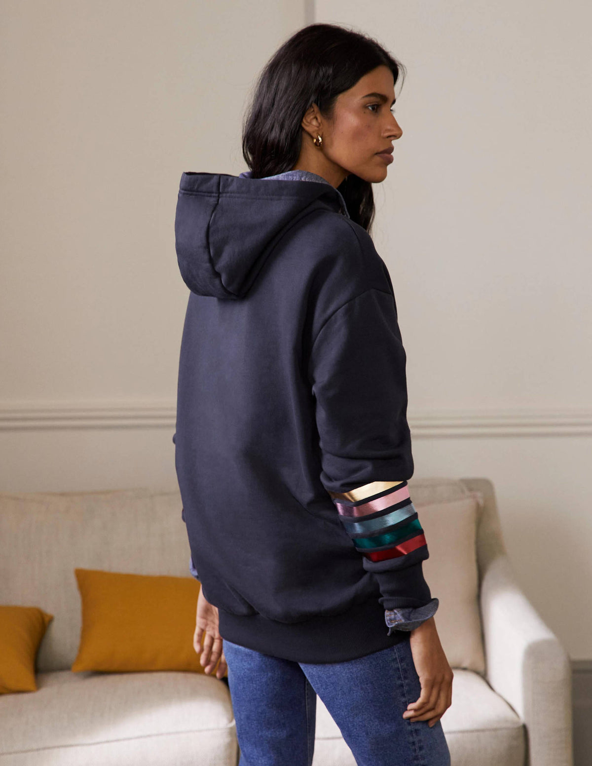 Oversized Hoodie-Navy Rainbow Foil Cuff - Image 2