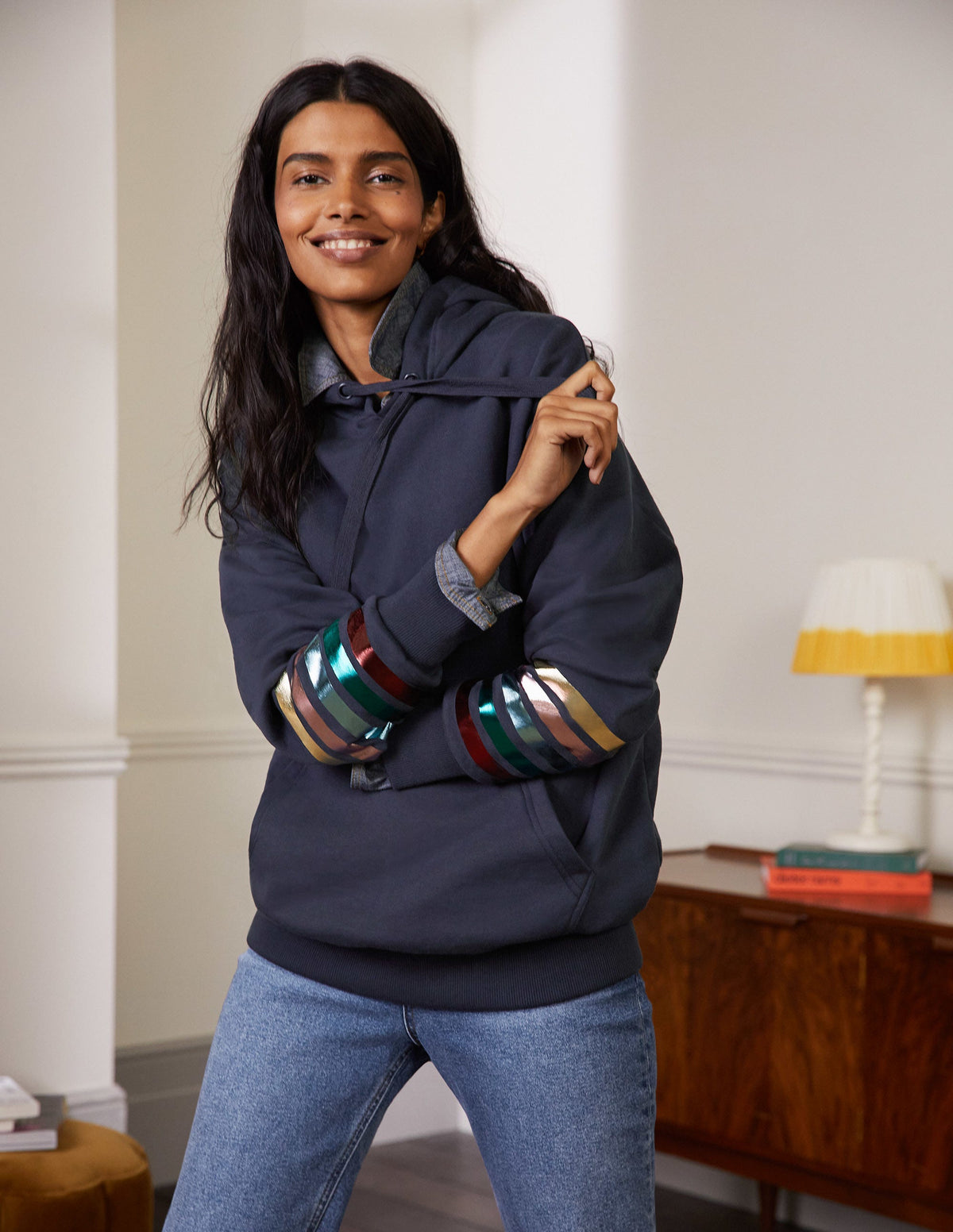 Oversized Hoodie-Navy Rainbow Foil Cuff - Image 4