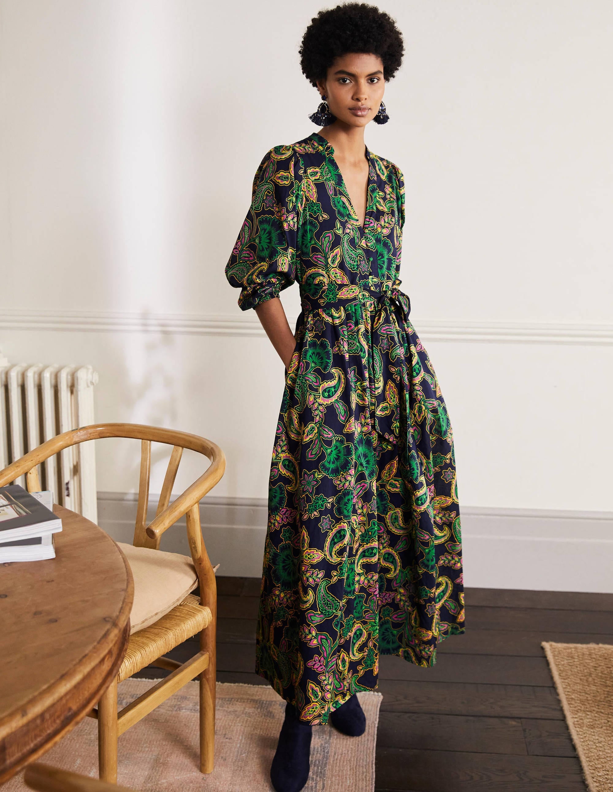 Notch Neck Cotton Maxi Dress-Navy, Exotic Floral - Image 4