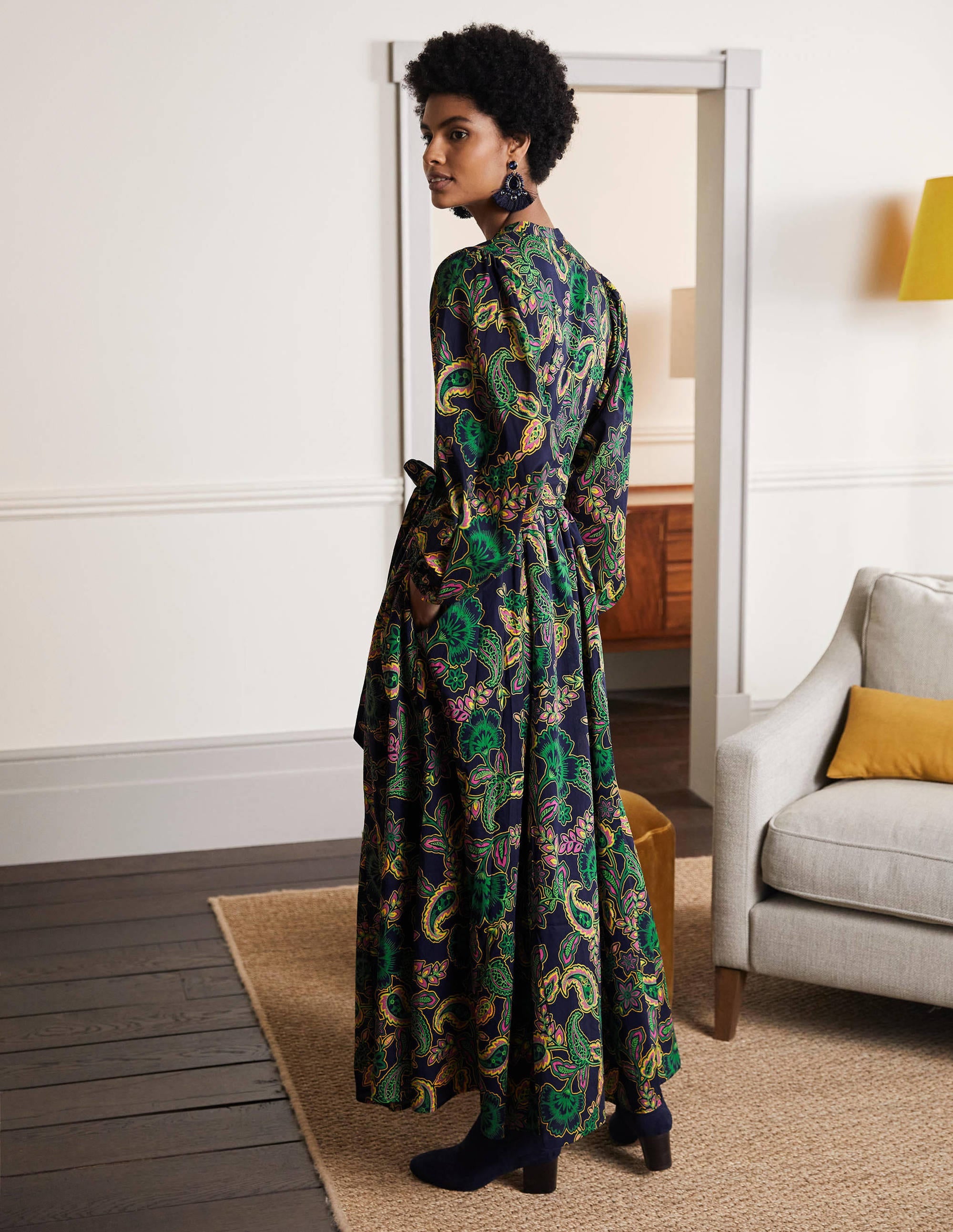 Notch Neck Cotton Maxi Dress-Navy, Exotic Floral - Image 2