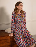 Evelyn Jersey Midi Dress-French Navy, Elegant Bloom