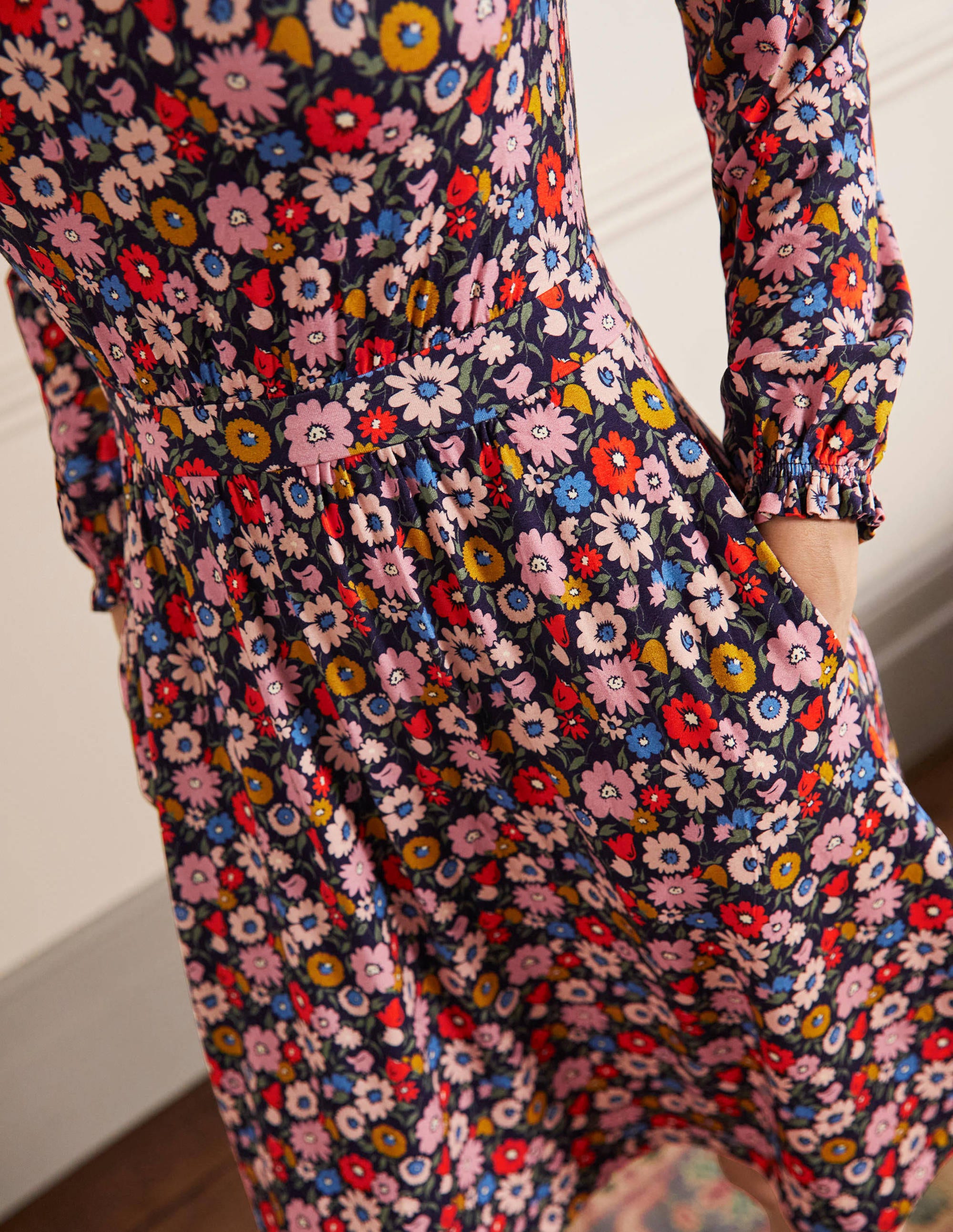 Evelyn Jersey Midi Dress-French Navy, Elegant Bloom - Image 2