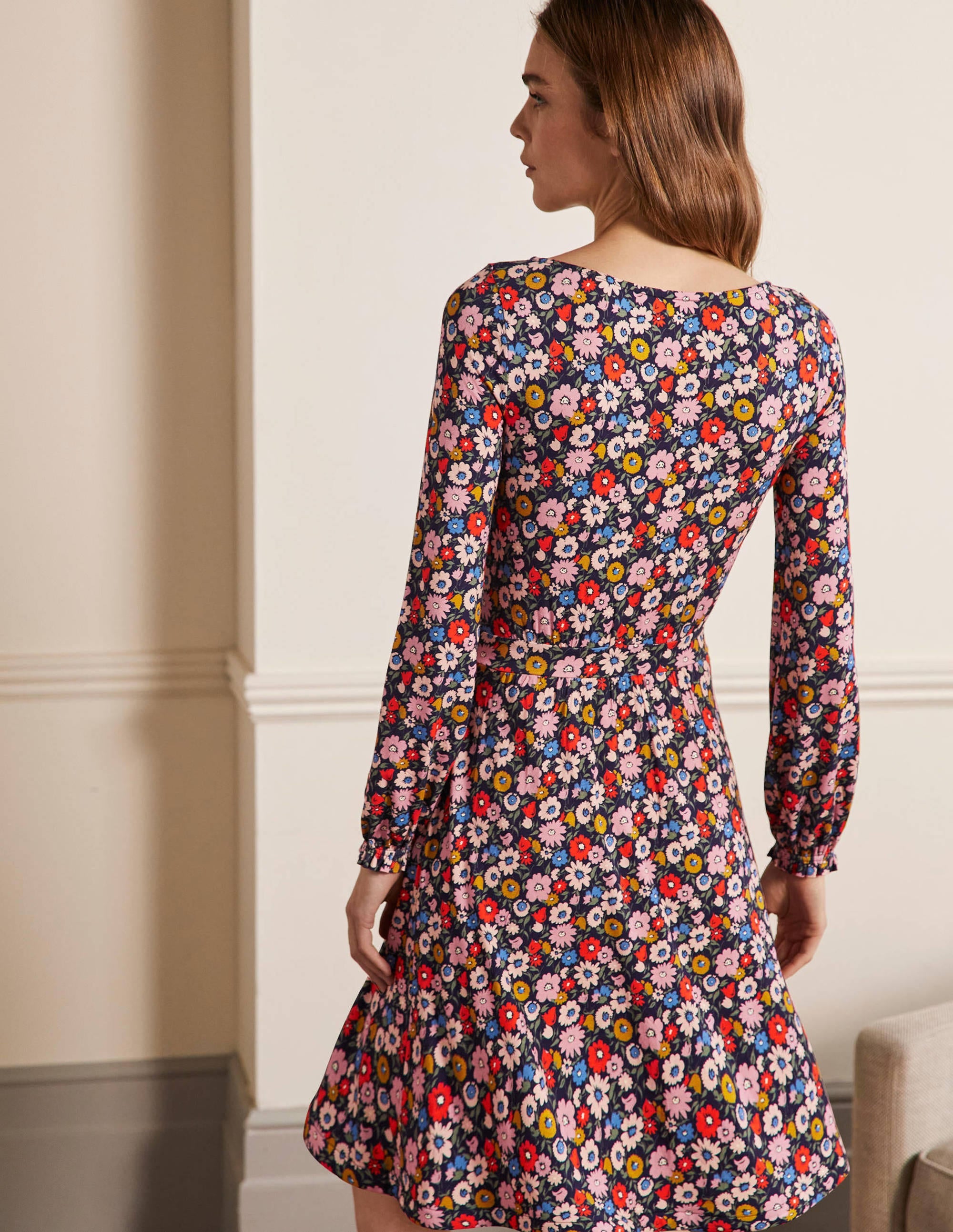 Evelyn Jersey Midi Dress-French Navy, Elegant Bloom - Image 3