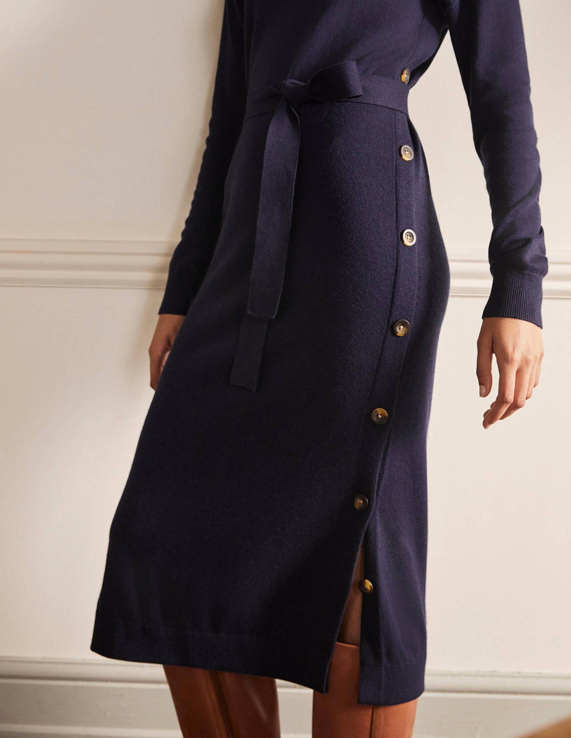 Side Button Knitted Dress-Navy-2