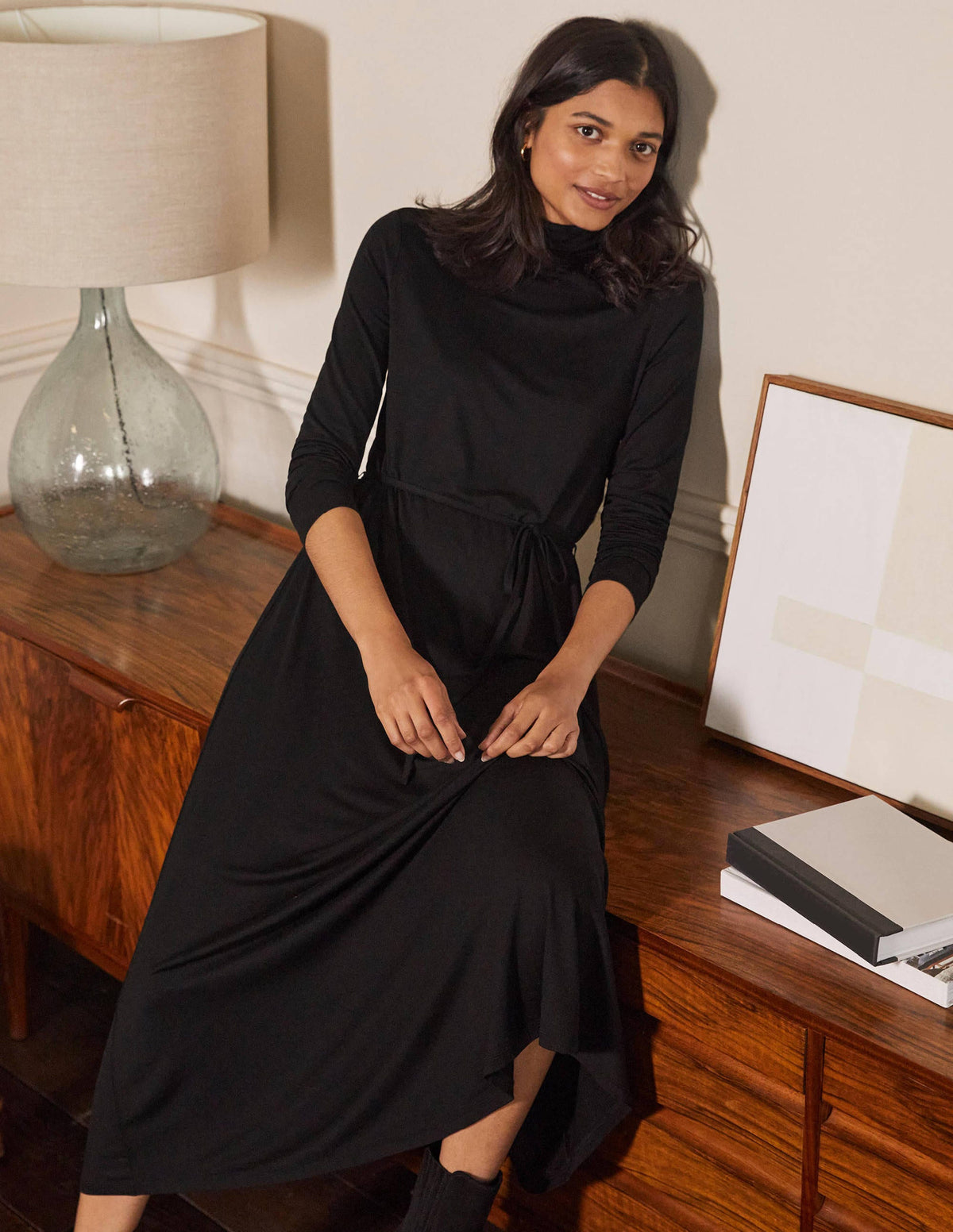 Roll Neck Jersey Midi Dress-Black-1