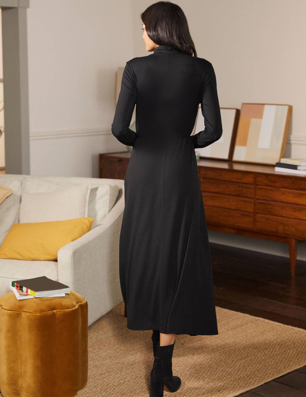 Roll Neck Jersey Midi Dress-Black-3