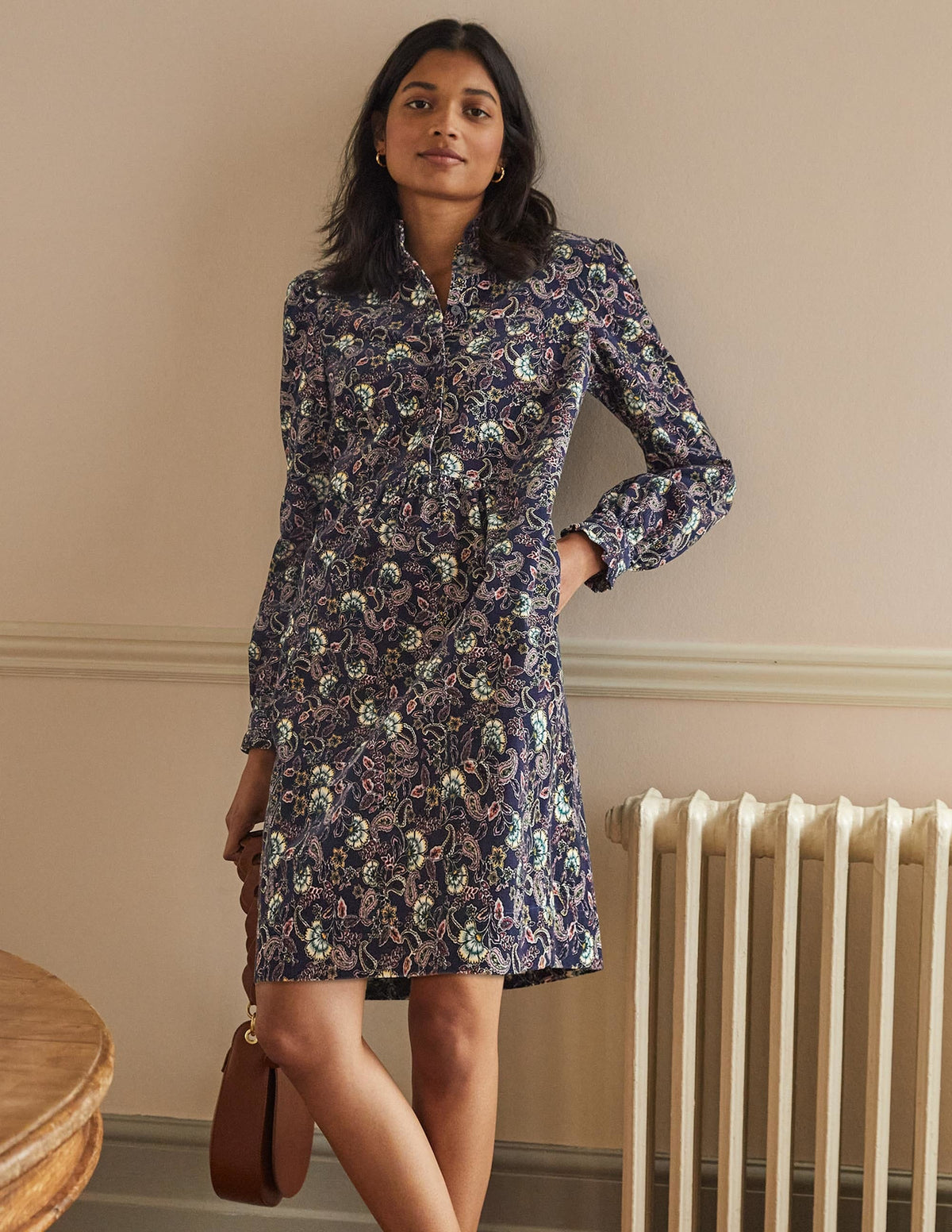 Ruffle Neck Cord Dress-French Navy, Exotic Floral-1