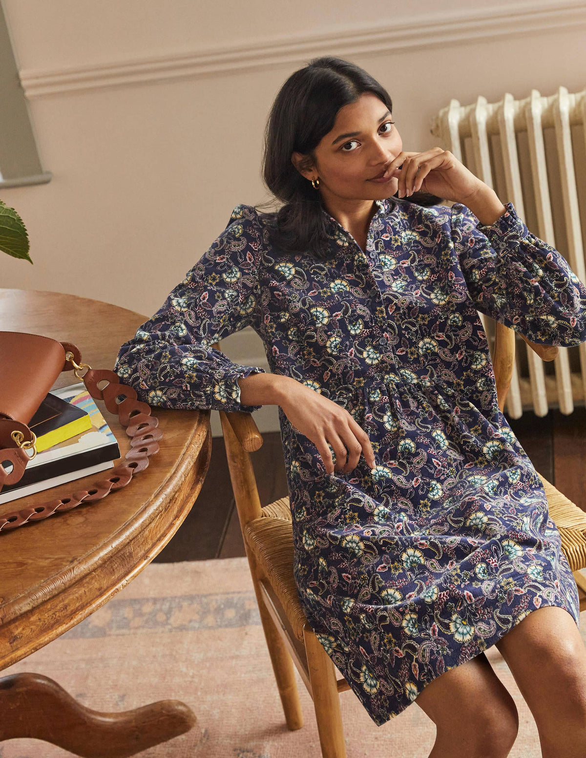 Ruffle Neck Cord Dress-French Navy, Exotic Floral-4