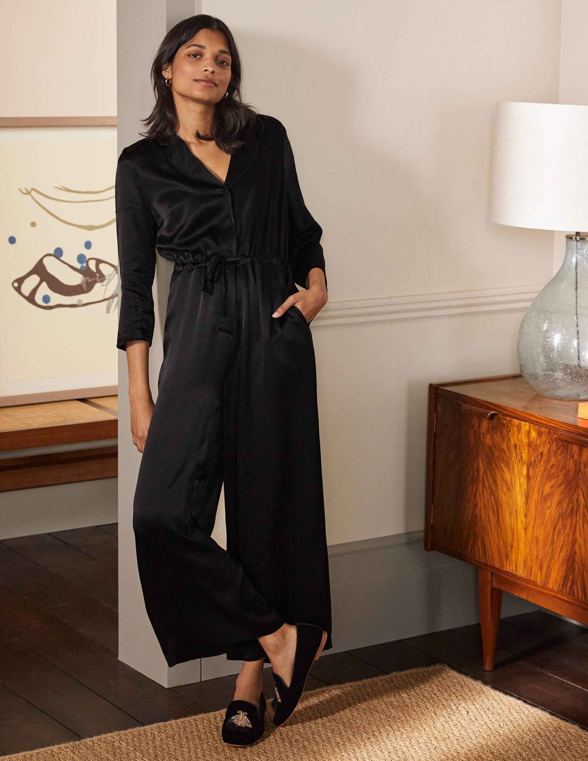 Collar Detail Cropped Jumpsuit-Black-1