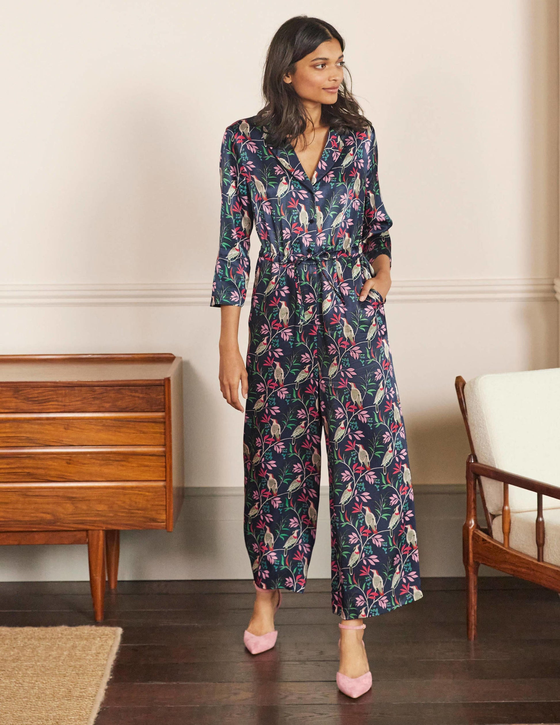 Collar Detail Cropped Jumpsuit-French Navy, Berry Bird-1