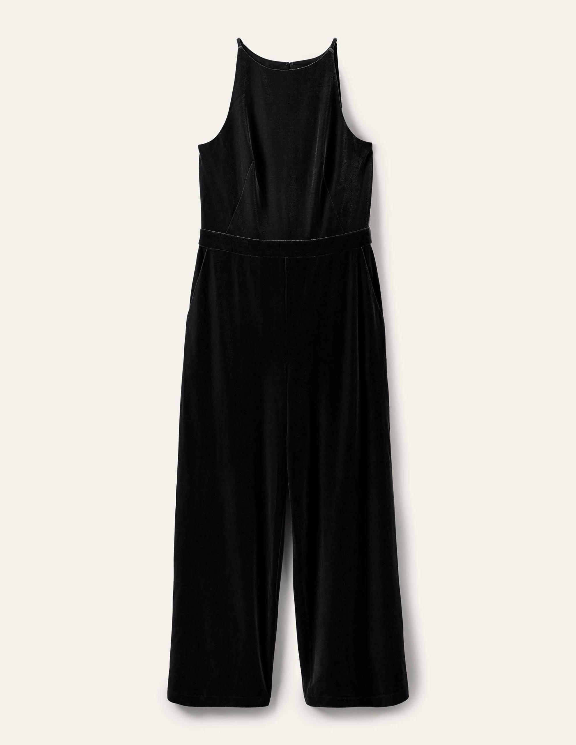 Halterneck Velvet Jumpsuit-Black - Image 5