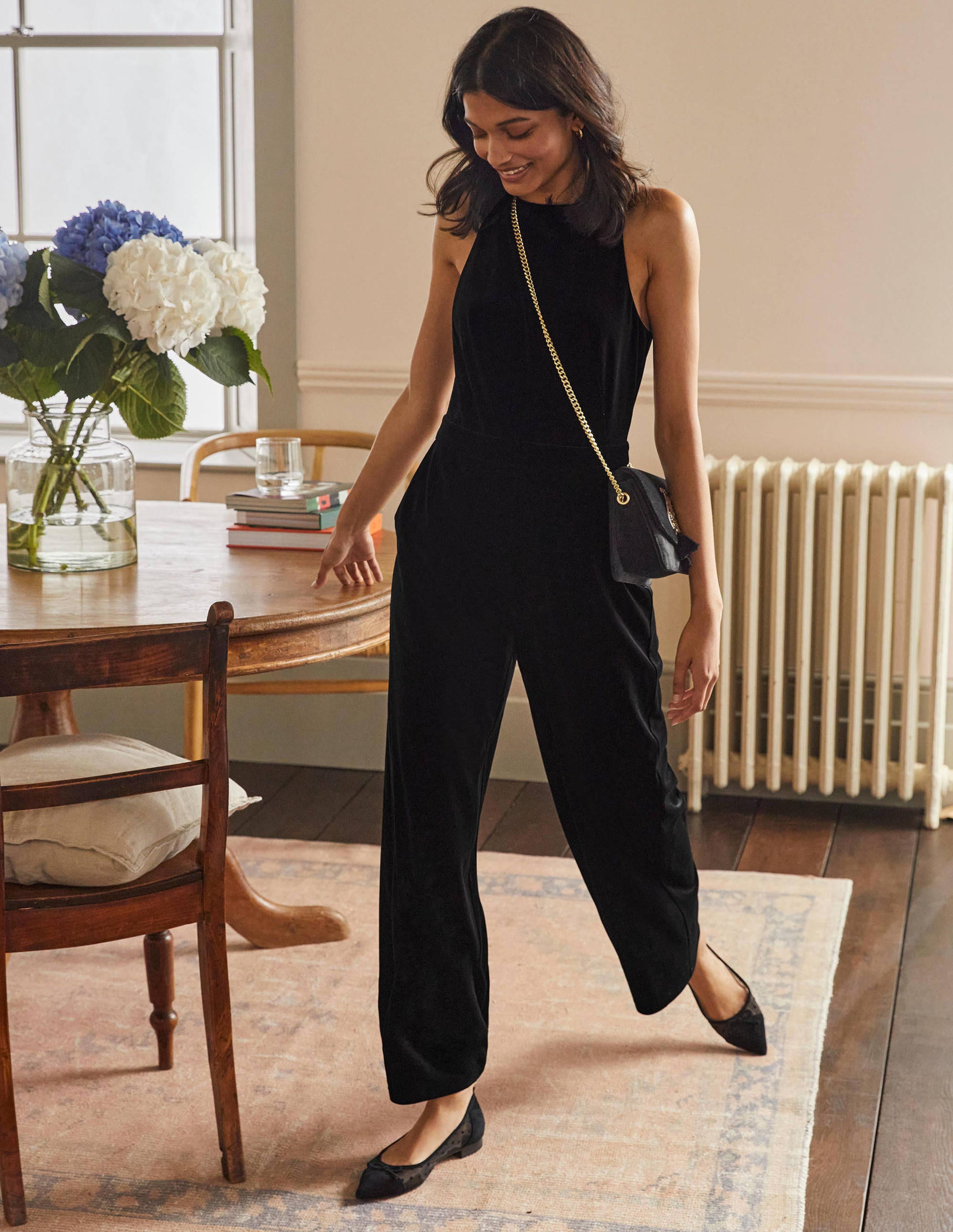 Halterneck Velvet Jumpsuit-Black - Image 1