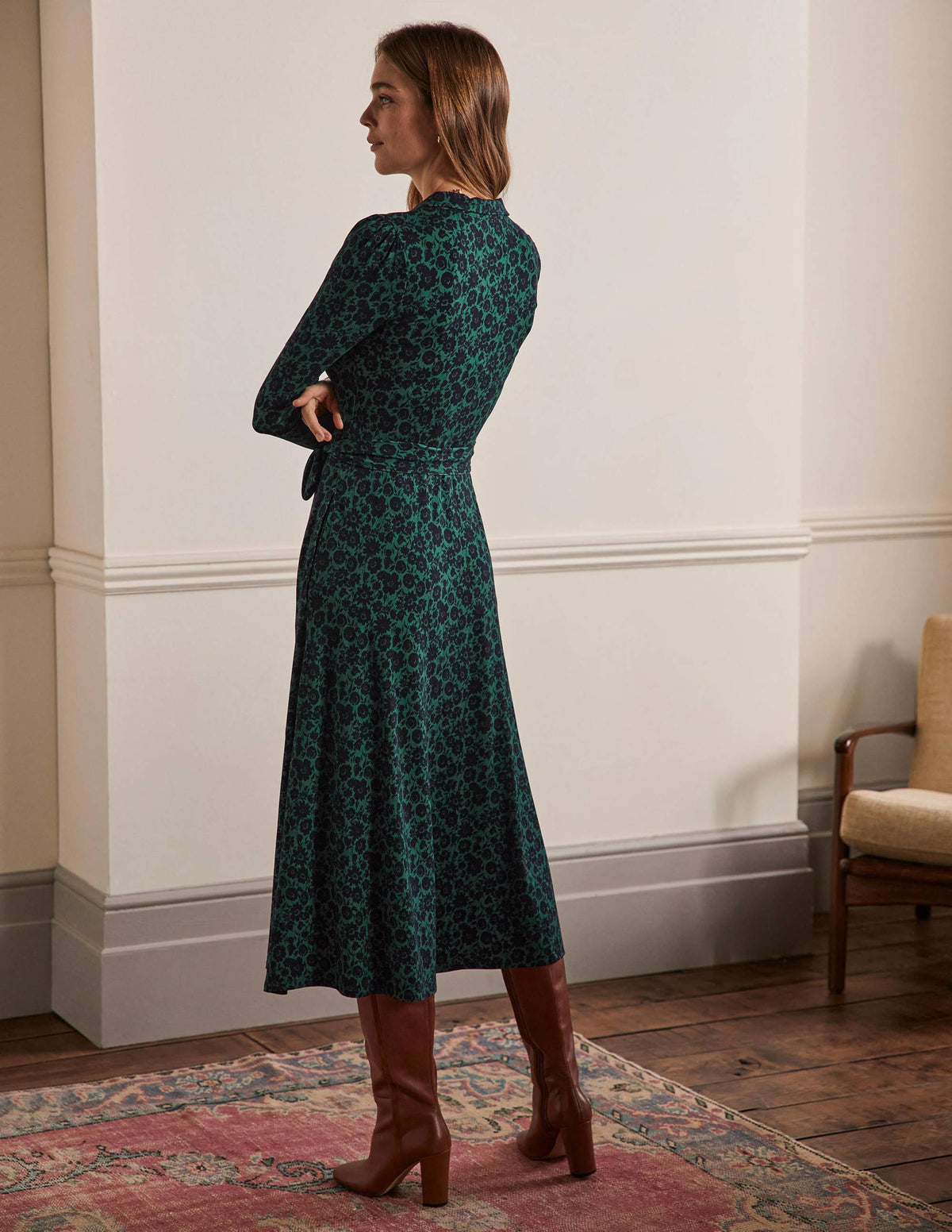 Collar Jersey Midi Dress-Deep Forest, Elegant Bloom - Image 3