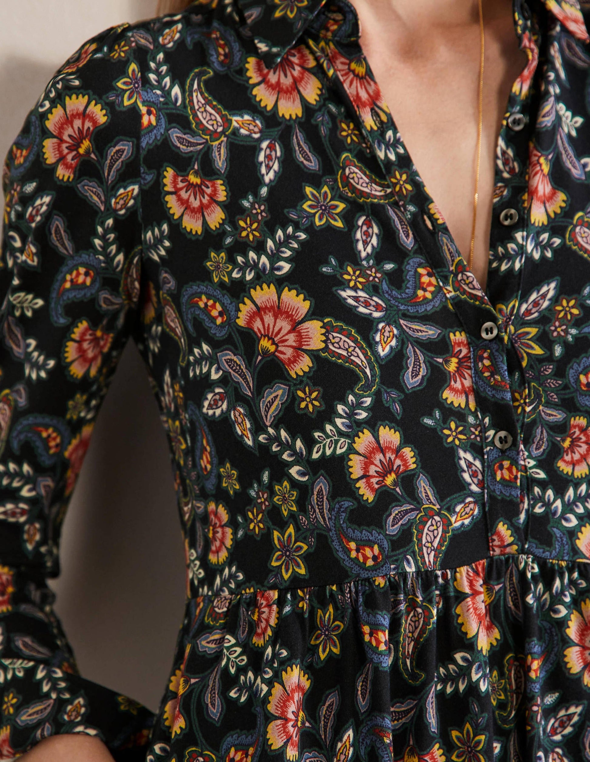 Alma Jersey Shirt Dress-Black, Exotic Floral-2