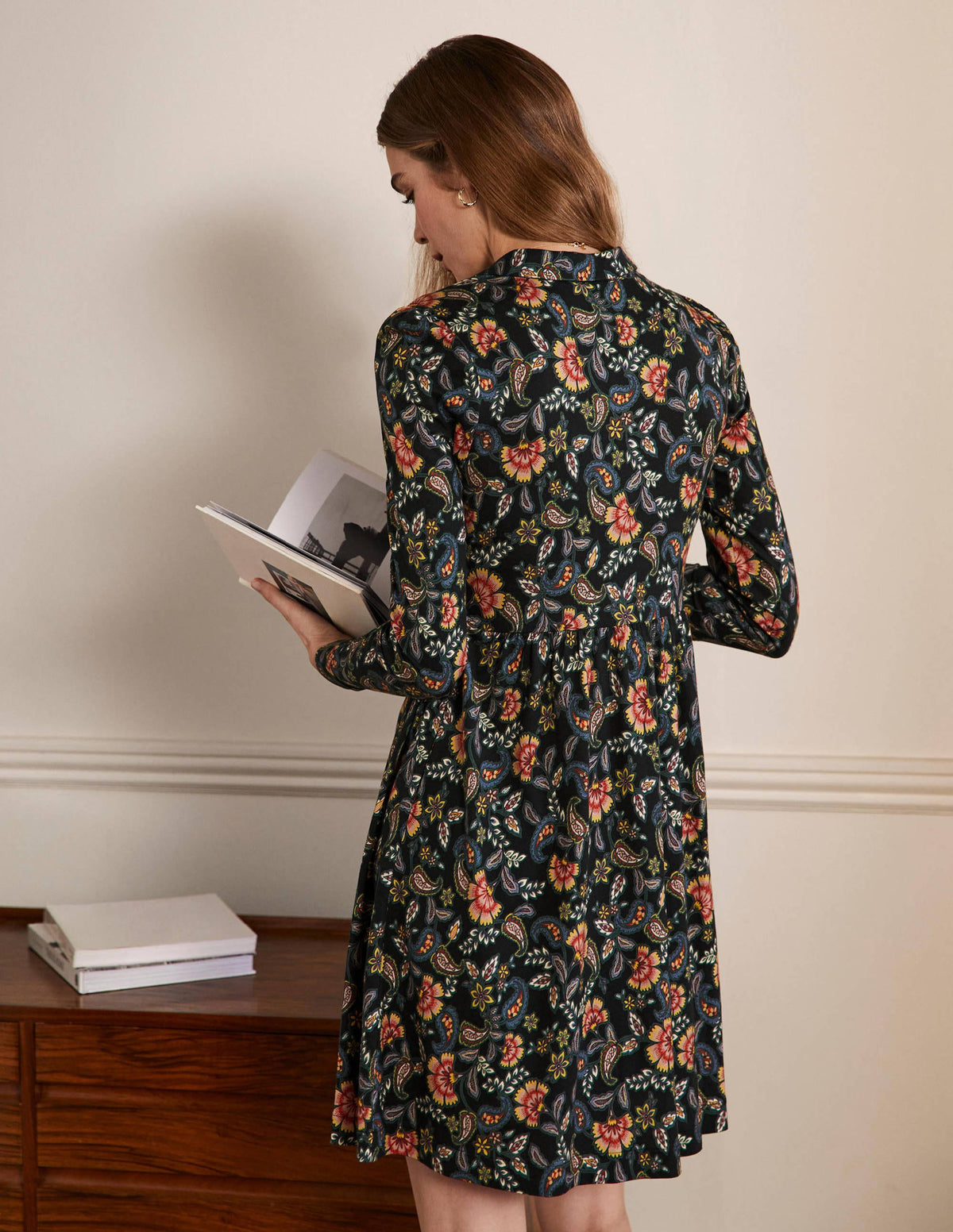 Alma Jersey Shirt Dress-Black, Exotic Floral - Image 3