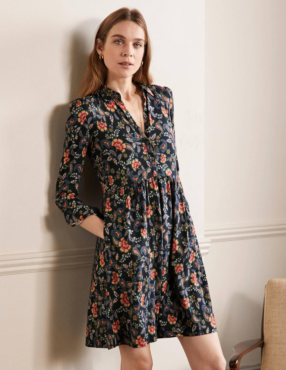 Alma Jersey Shirt Dress-Black, Exotic Floral - Image 5