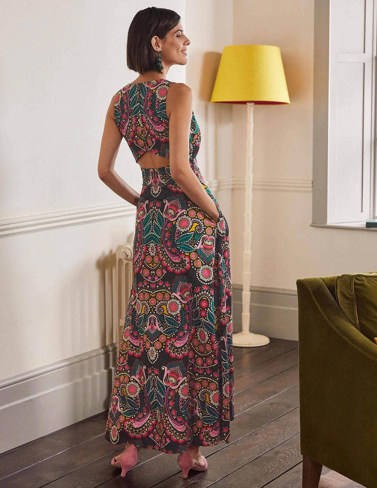 Back Detail Maxi Dress-Black, Daisy Paisley - Image 3