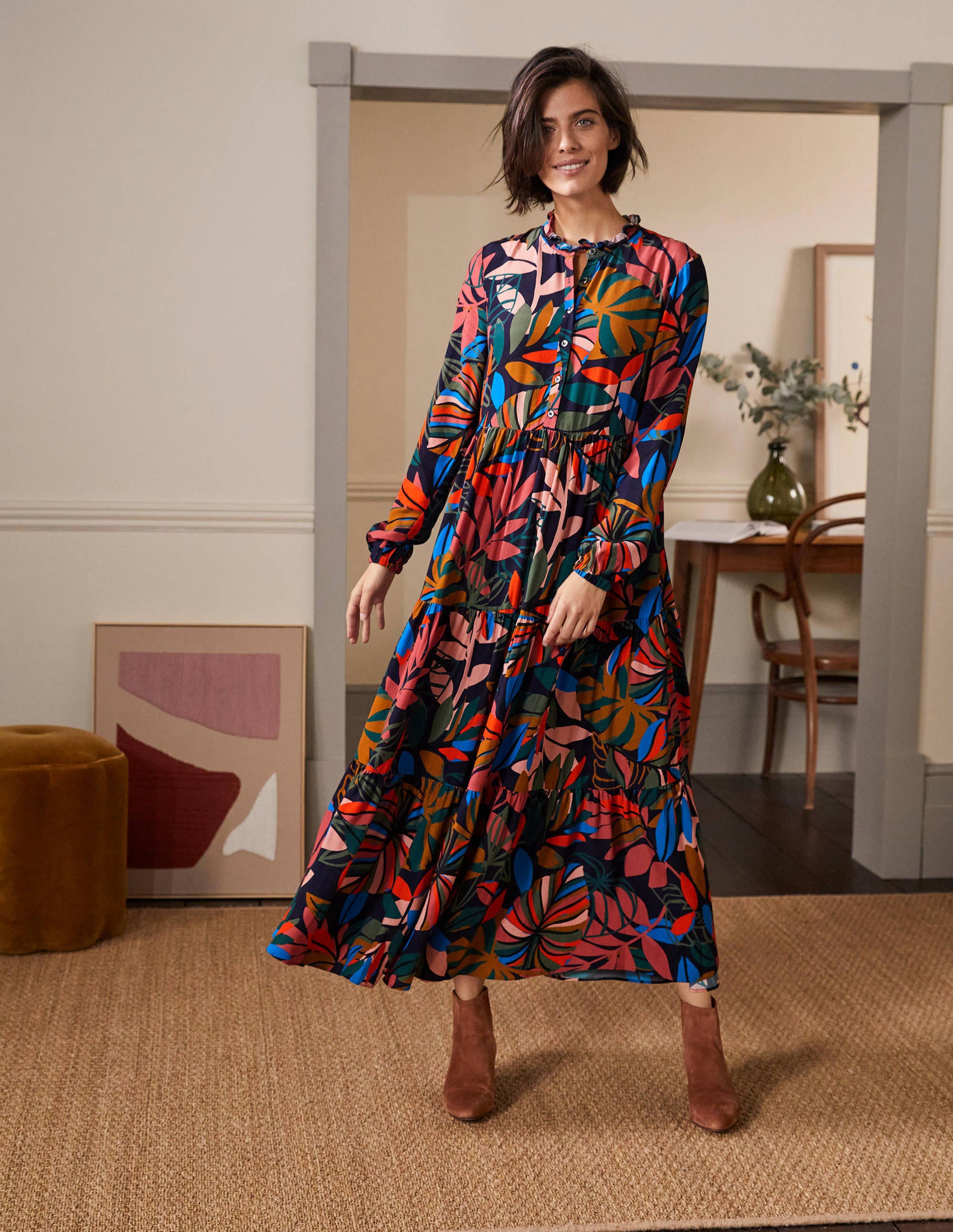 Tiered Maxi Shirt Dress-French Navy, Tropic Palm - Image 1