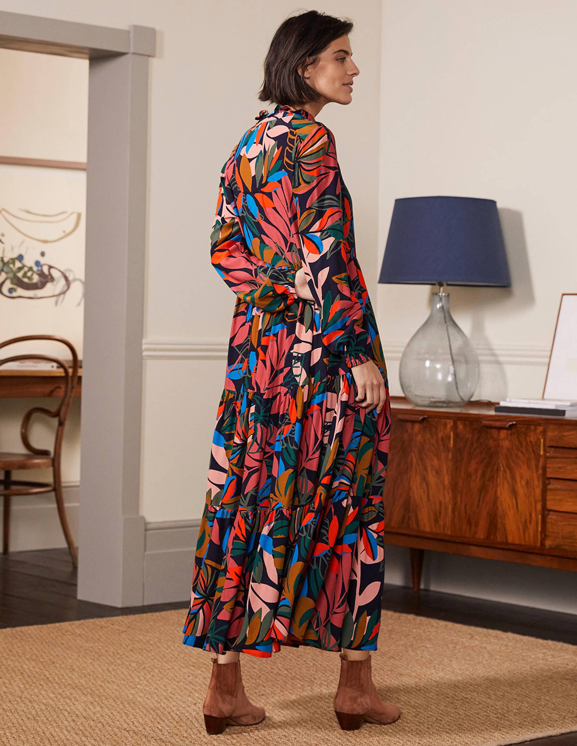 Tiered Maxi Shirt Dress-French Navy, Tropic Palm - Image 3