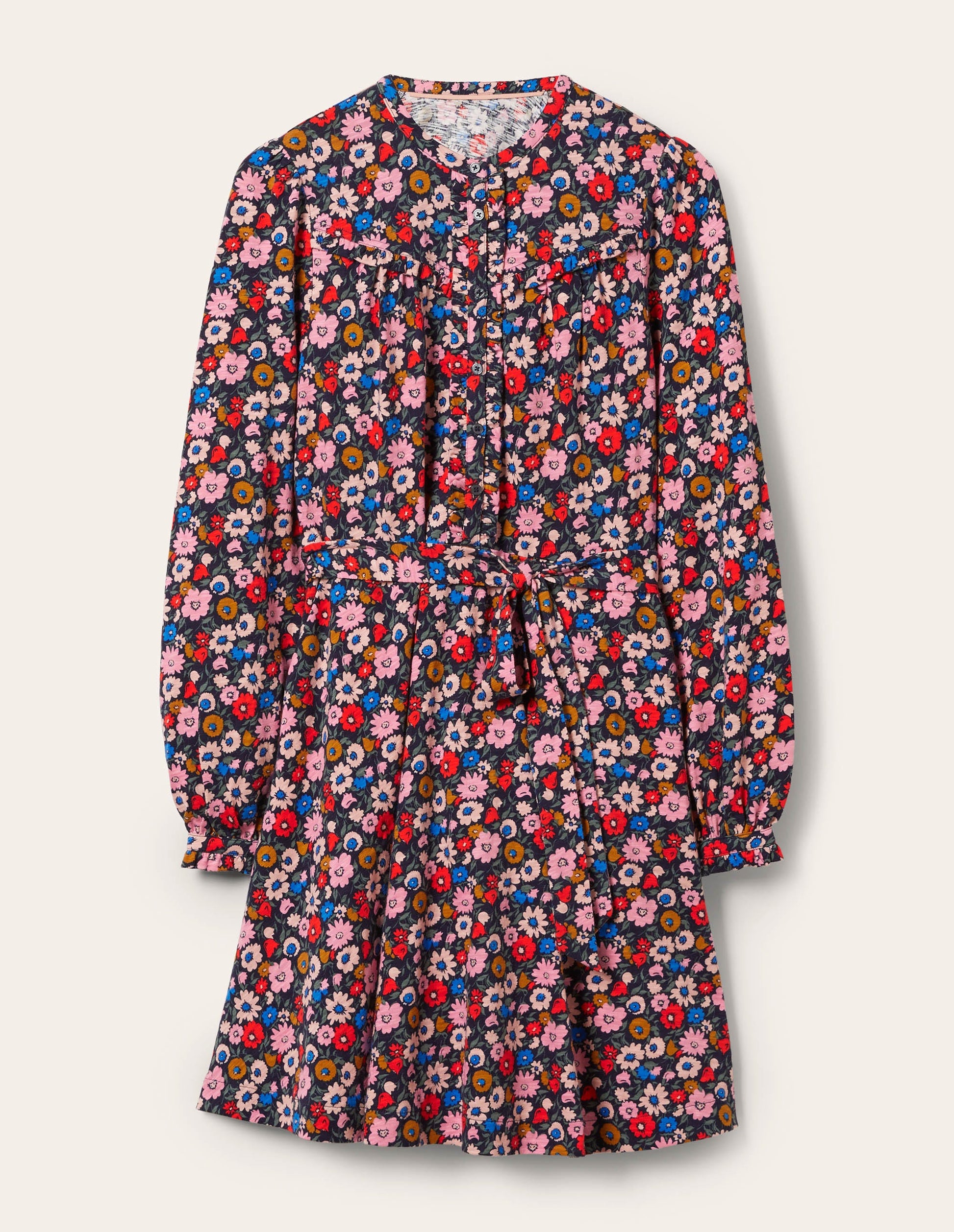 Ruffle Button Mini Dress-French Navy, Elegant Bloom-5