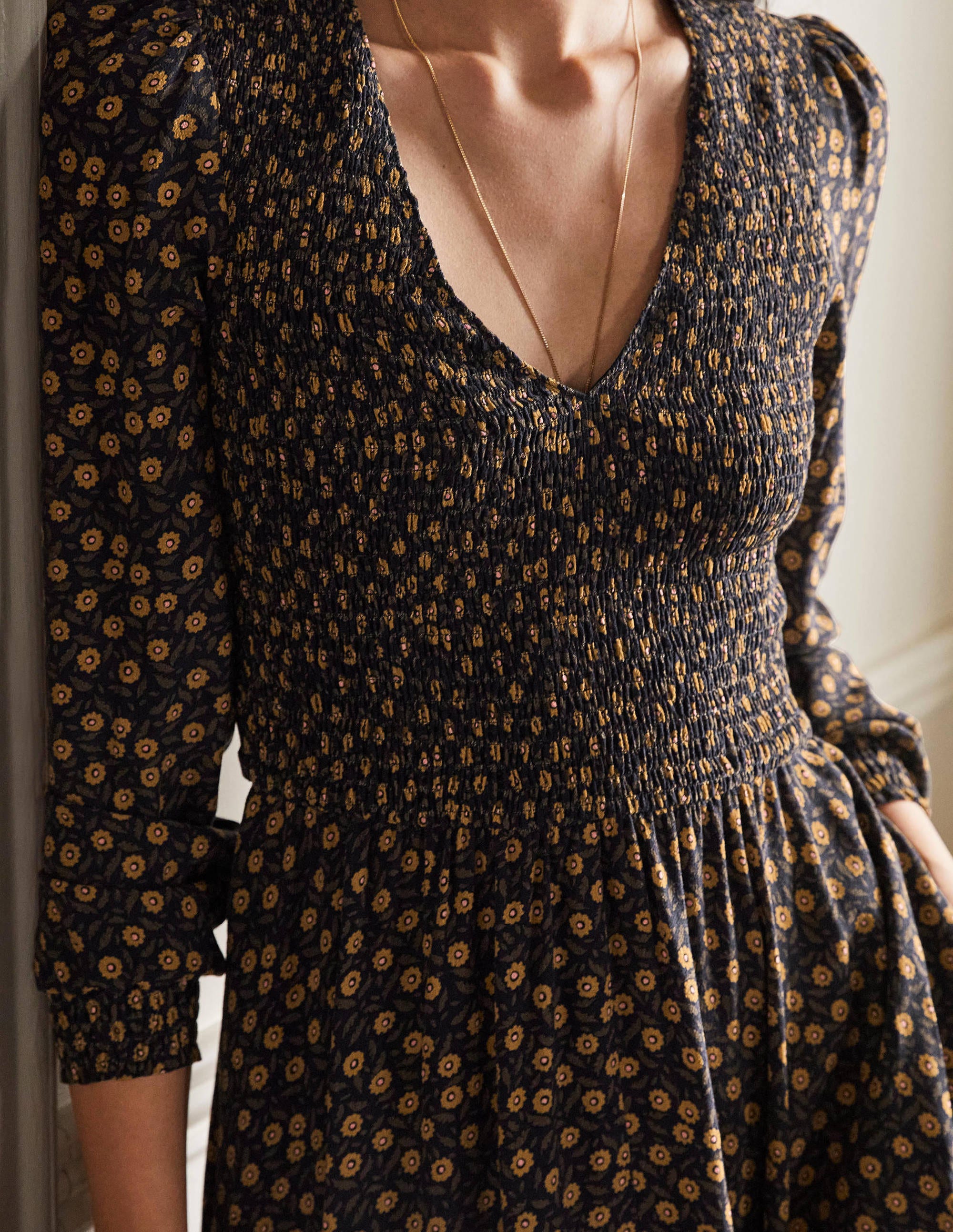 V-Neck Smocked Dress-Gold Rush, Rambling Ditsy - Image 2