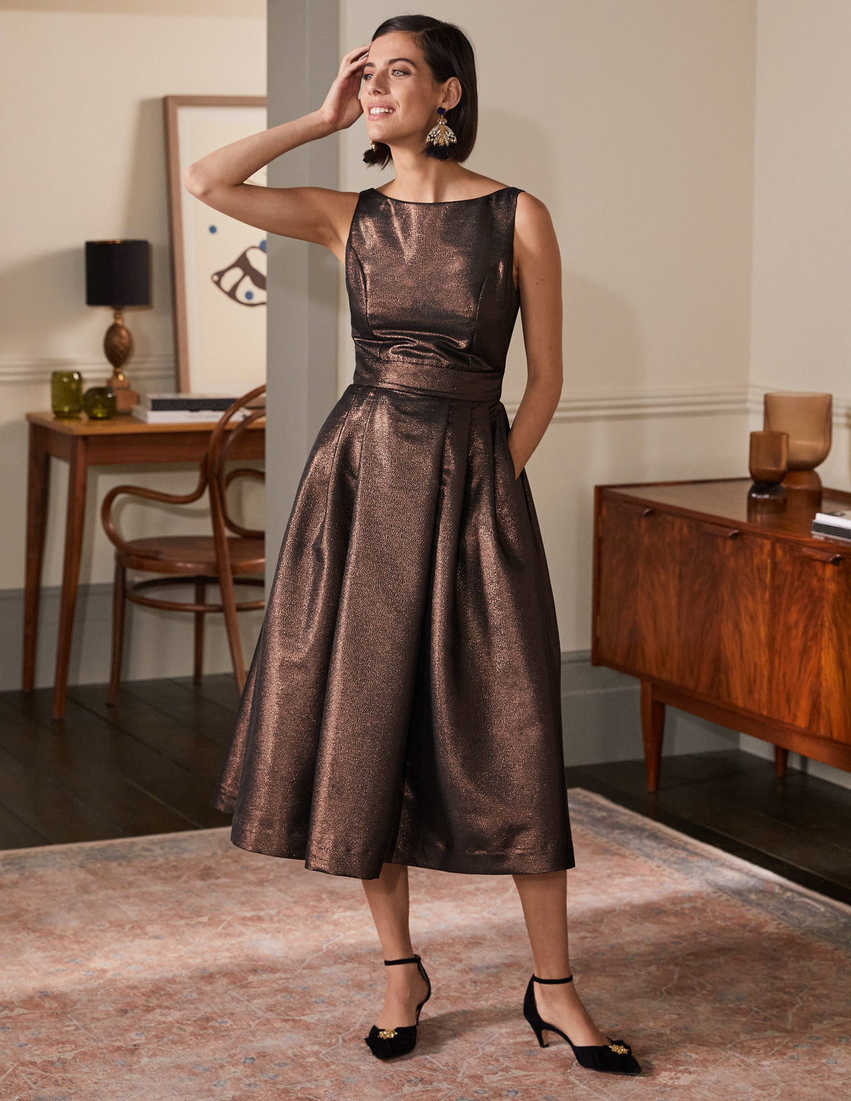 Scoop Back Fit and Flare Dress-Bronze Lurex-1