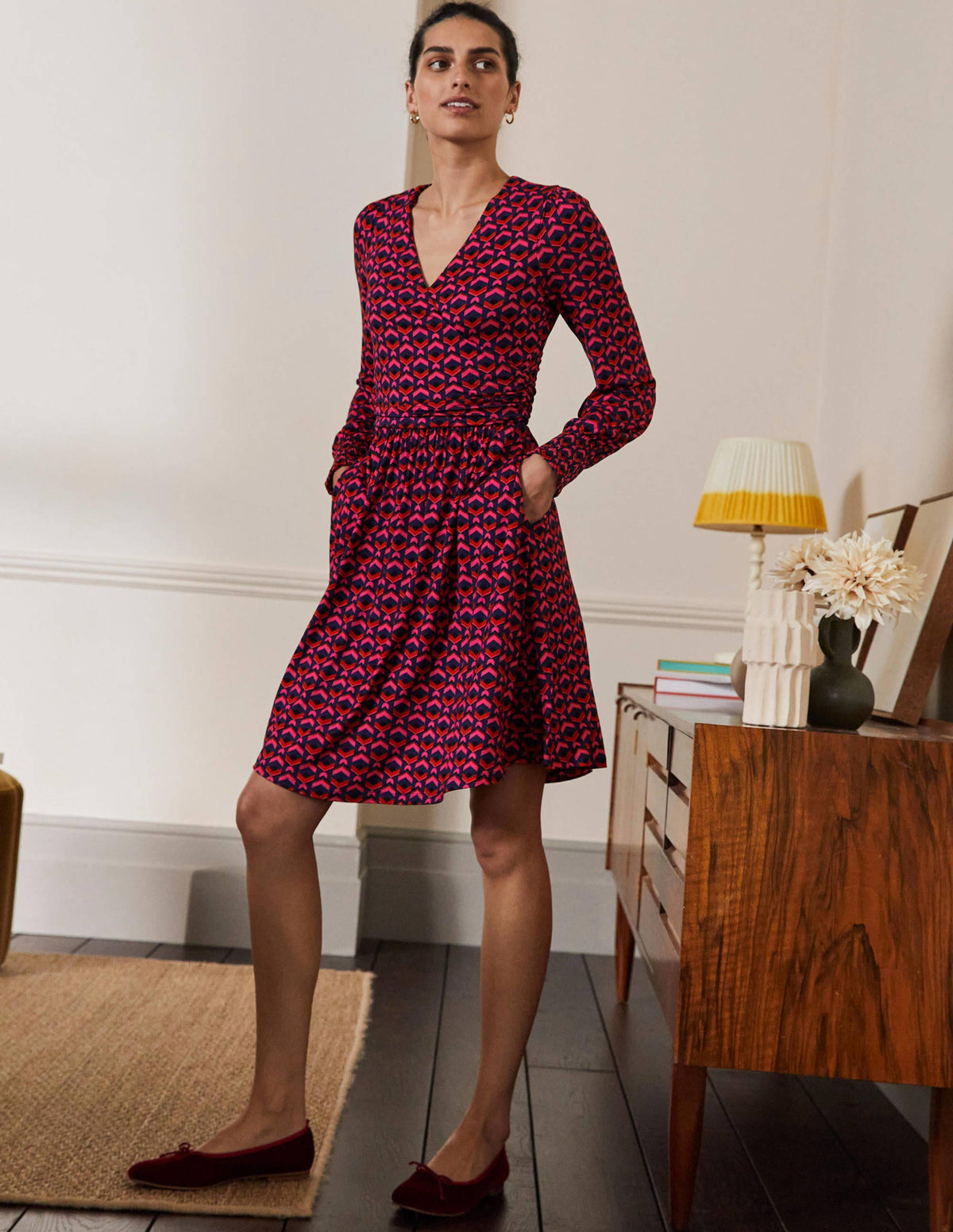 Jersey Wrap Dress-Party Pink, Geometric Tile-1