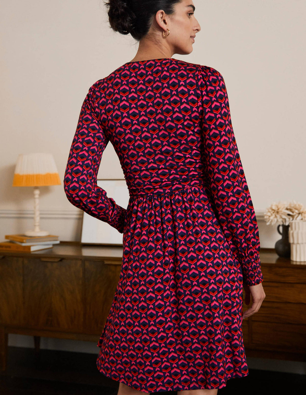Jersey Wrap Dress-Party Pink, Geometric Tile - Image 3