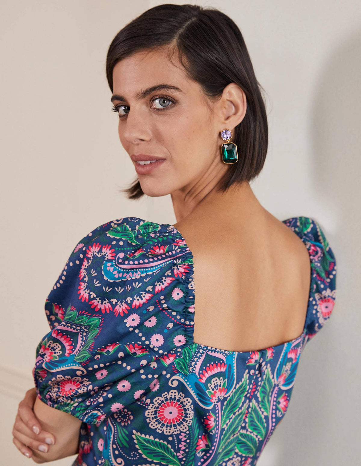 Short Puff Dress-Navy, Daisy Paisley-2