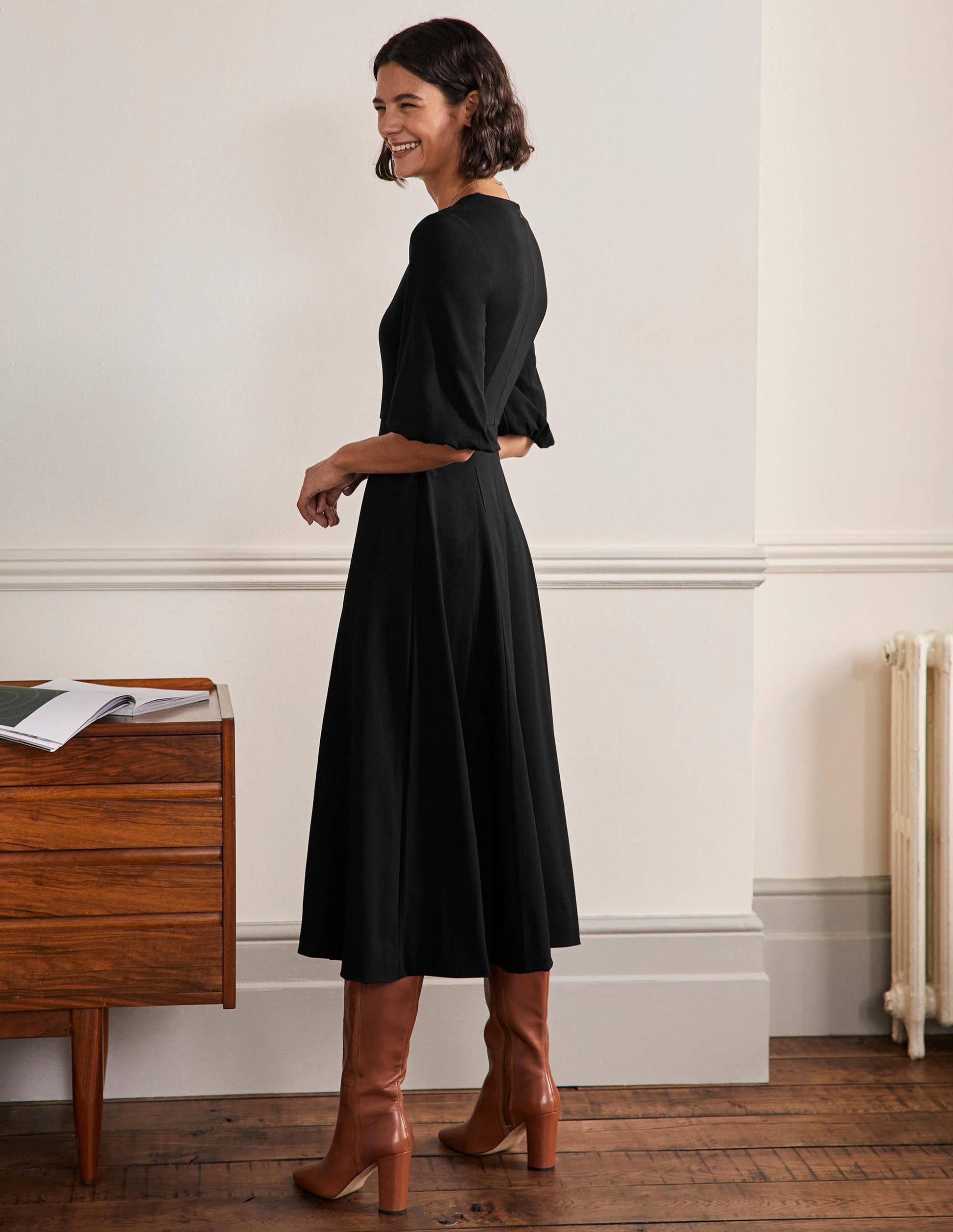 Full Skirt Jersey Midi Dress-Black-3
