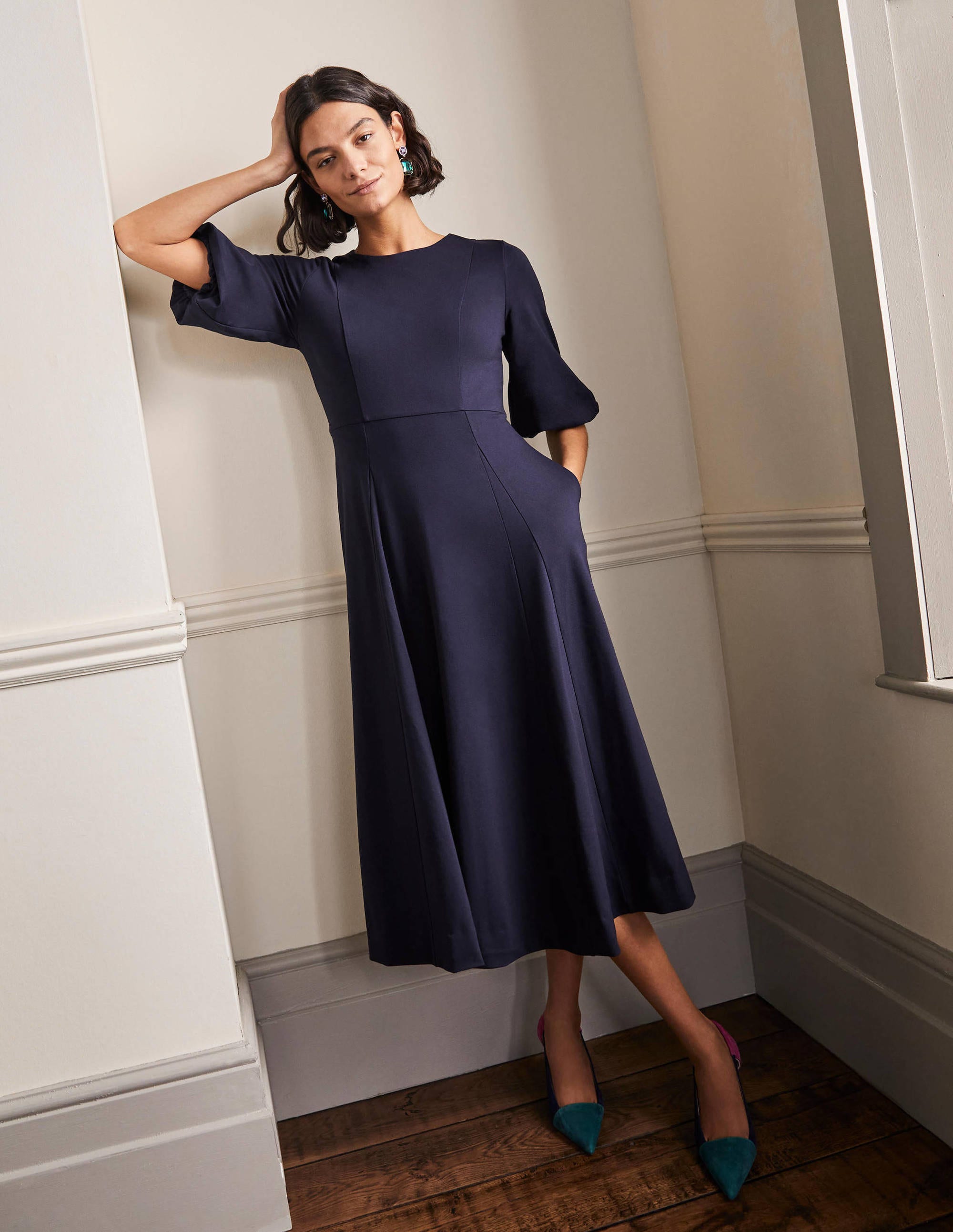 Full Skirt Jersey Midi Dress-Navy - Image 4