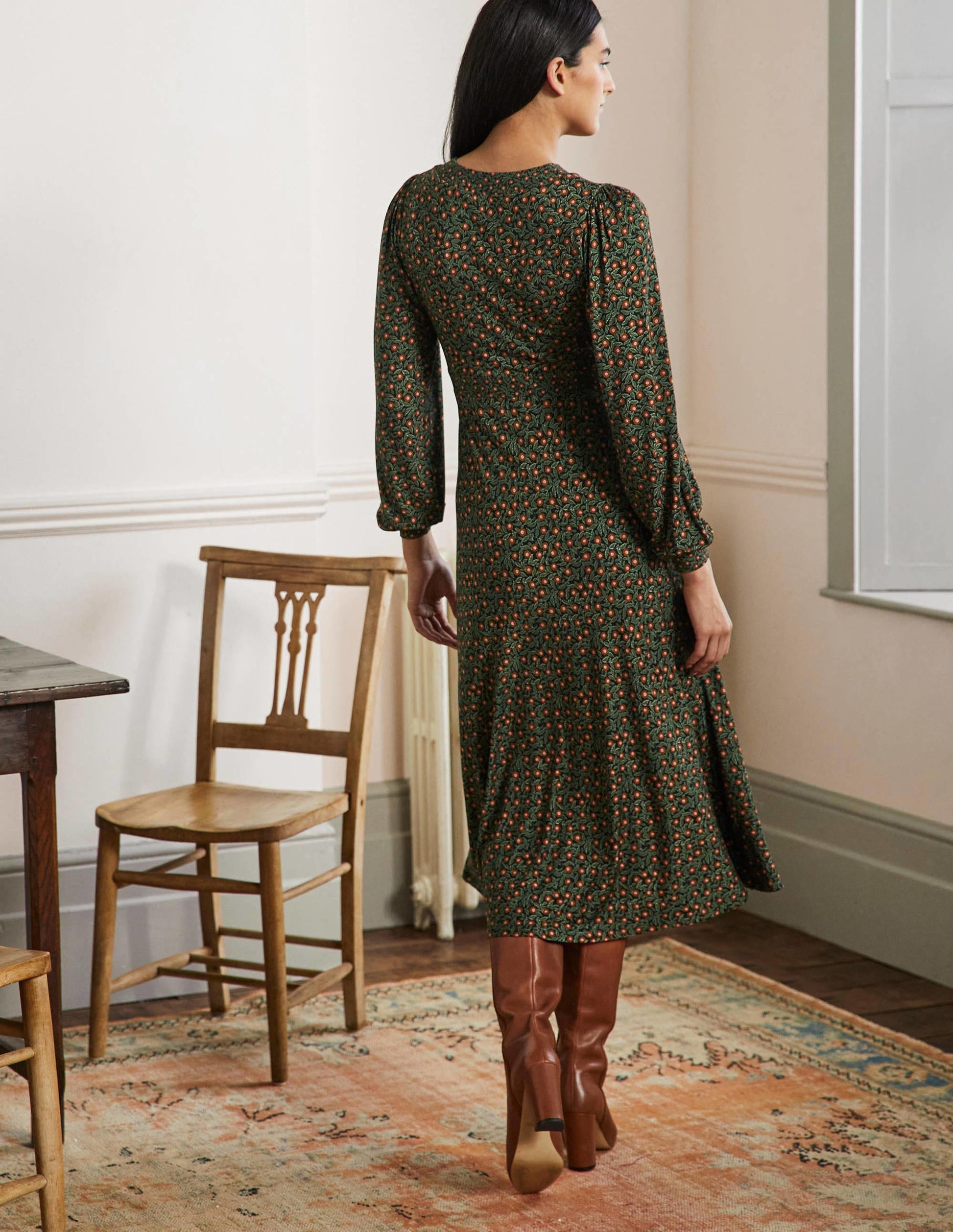 Empire Jersey Tea Dress-Marsh, Rambling Ditsy-3