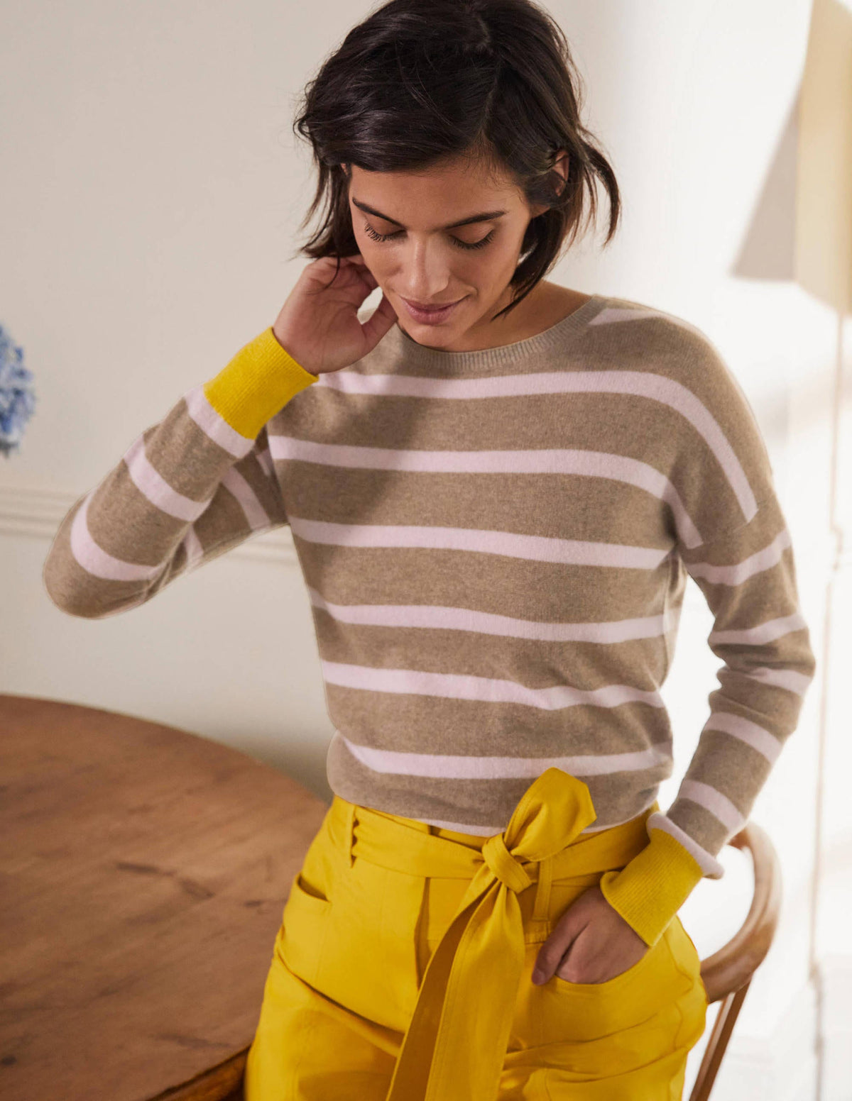 Striped Cashmere Jumper-Oatmeal Brown Stripe-2