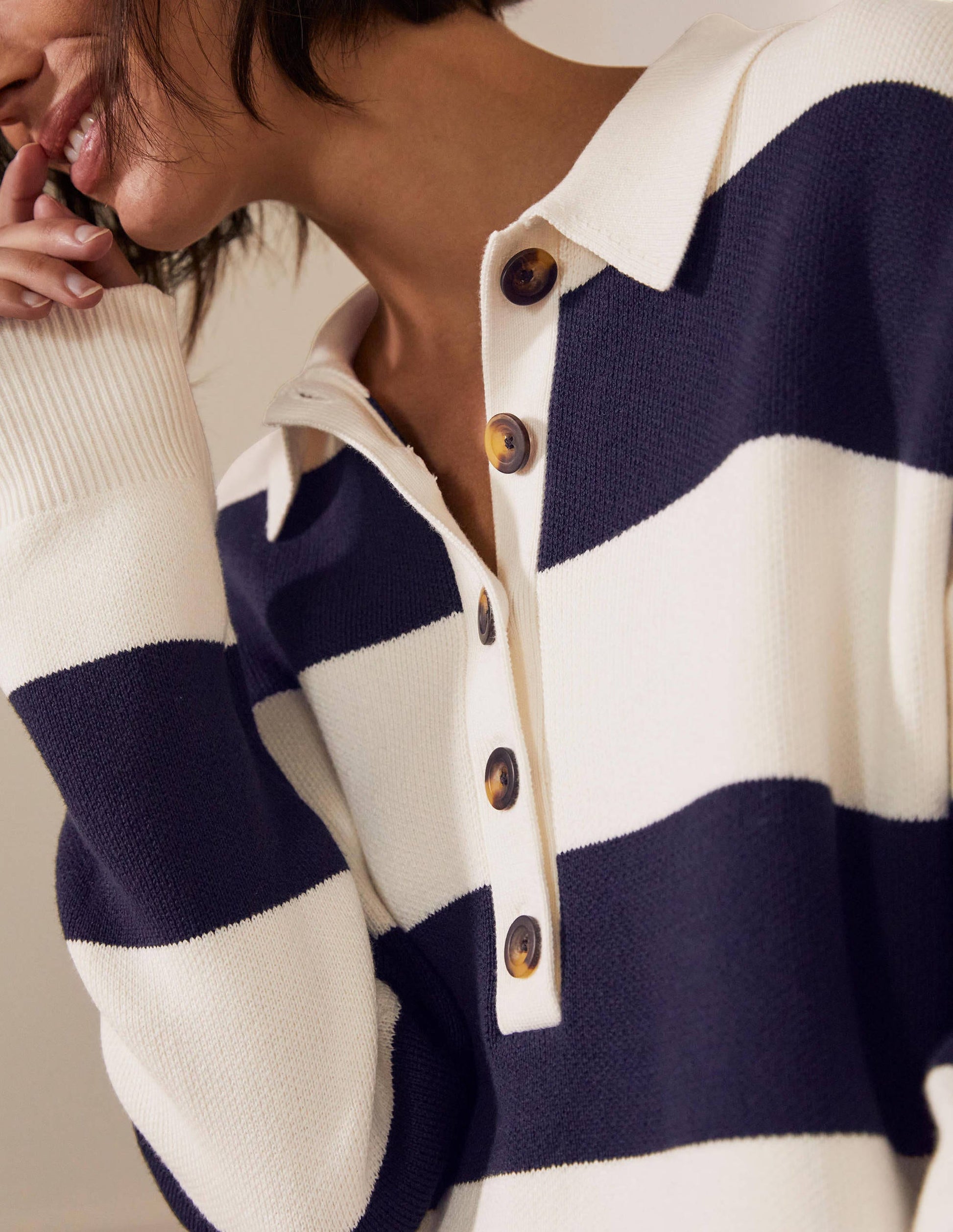 Striped Knitted Rugby Jumper-Ivory and Navy Stripe-2