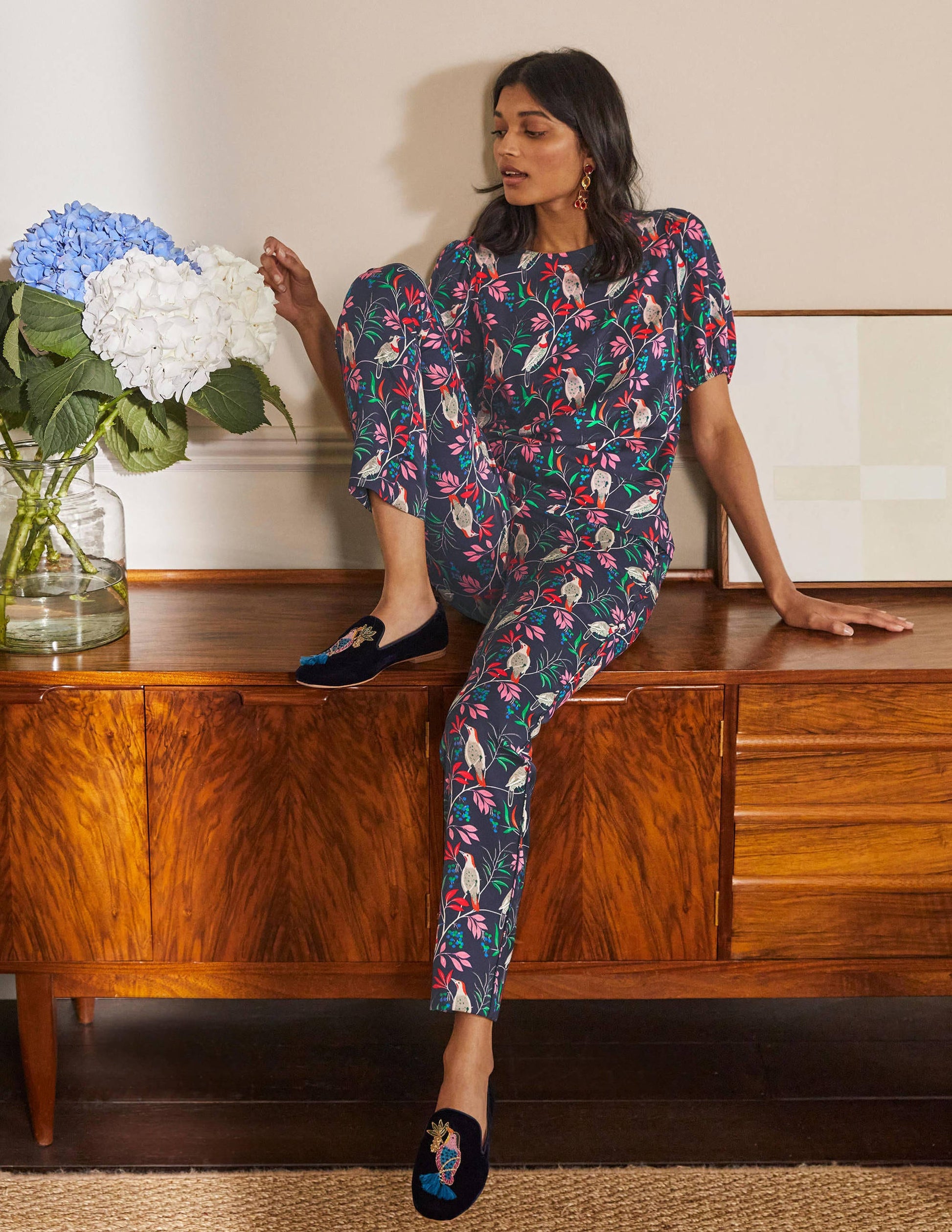 Ludlow Satin Trousers-French Navy, Berry Bird-5