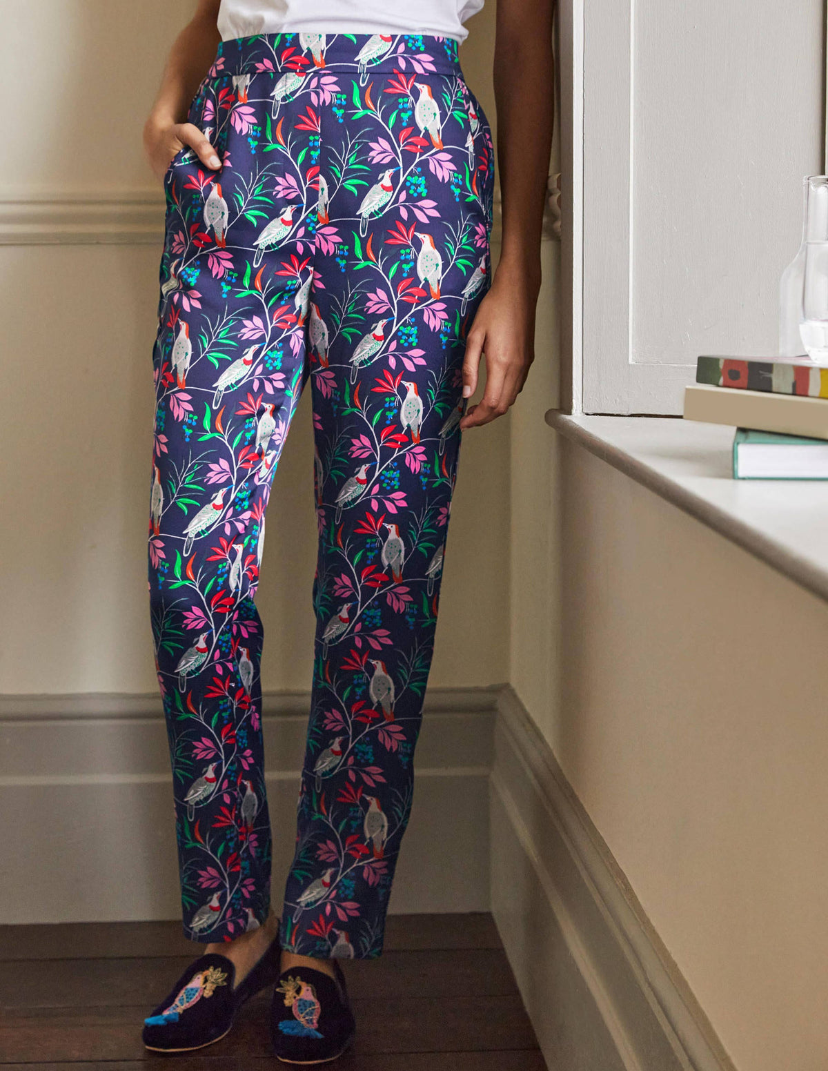 Ludlow Satin Trousers-French Navy, Berry Bird - Image 4