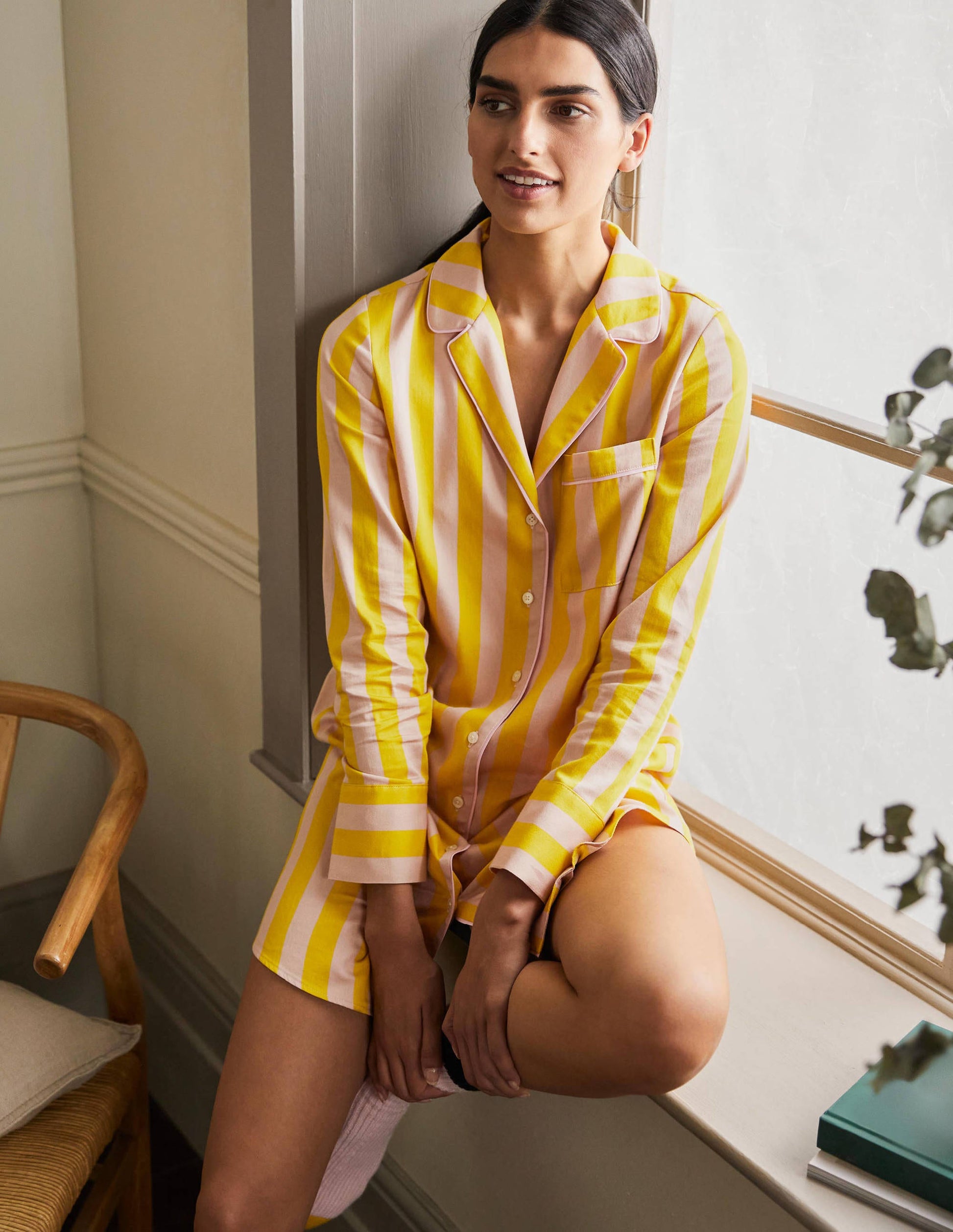 Janie Longline Pyjama Shirt-Milkshake and Wasp Stripe-3