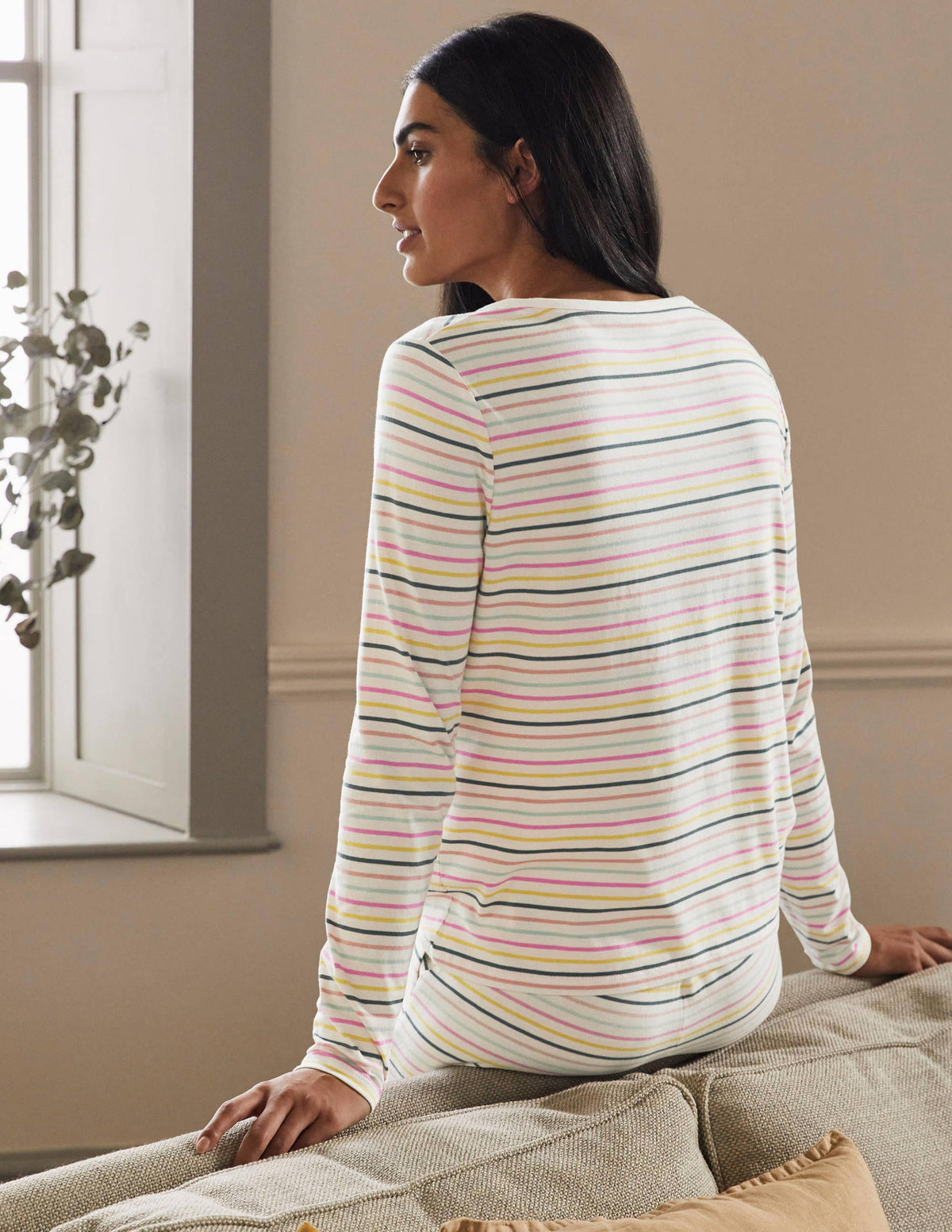 Emma Long Sleeve Pyjama Top-Pale Lemon and Heath Stripe-3