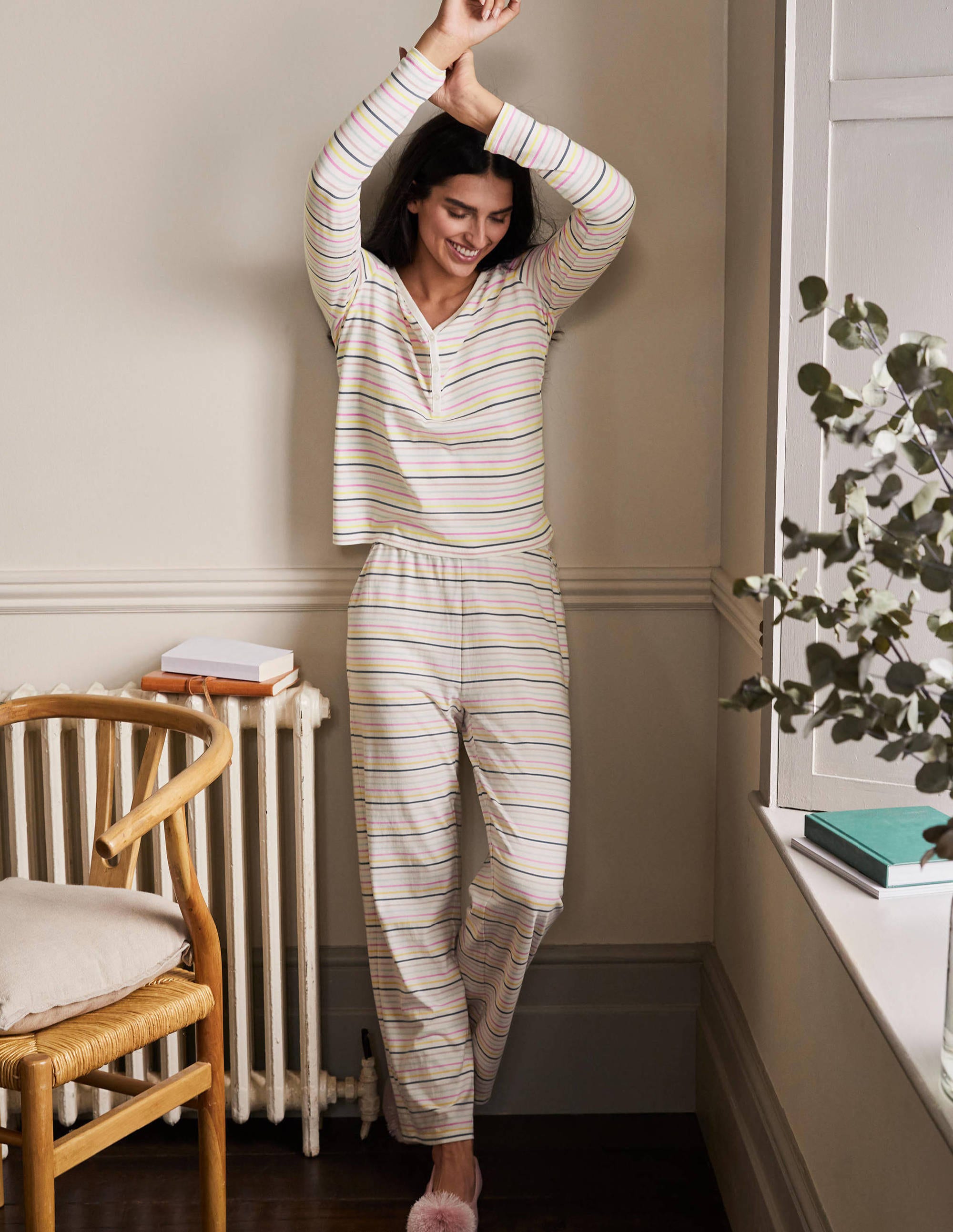 Emma Long Sleeve Pyjama Top-Pale Lemon and Heath Stripe - Image 4