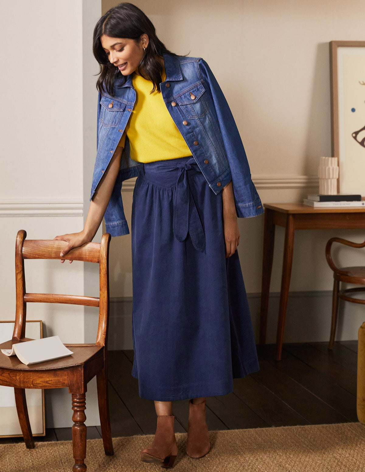 Tie Waist Cord Midaxi Skirt-Night Blue - Image 1
