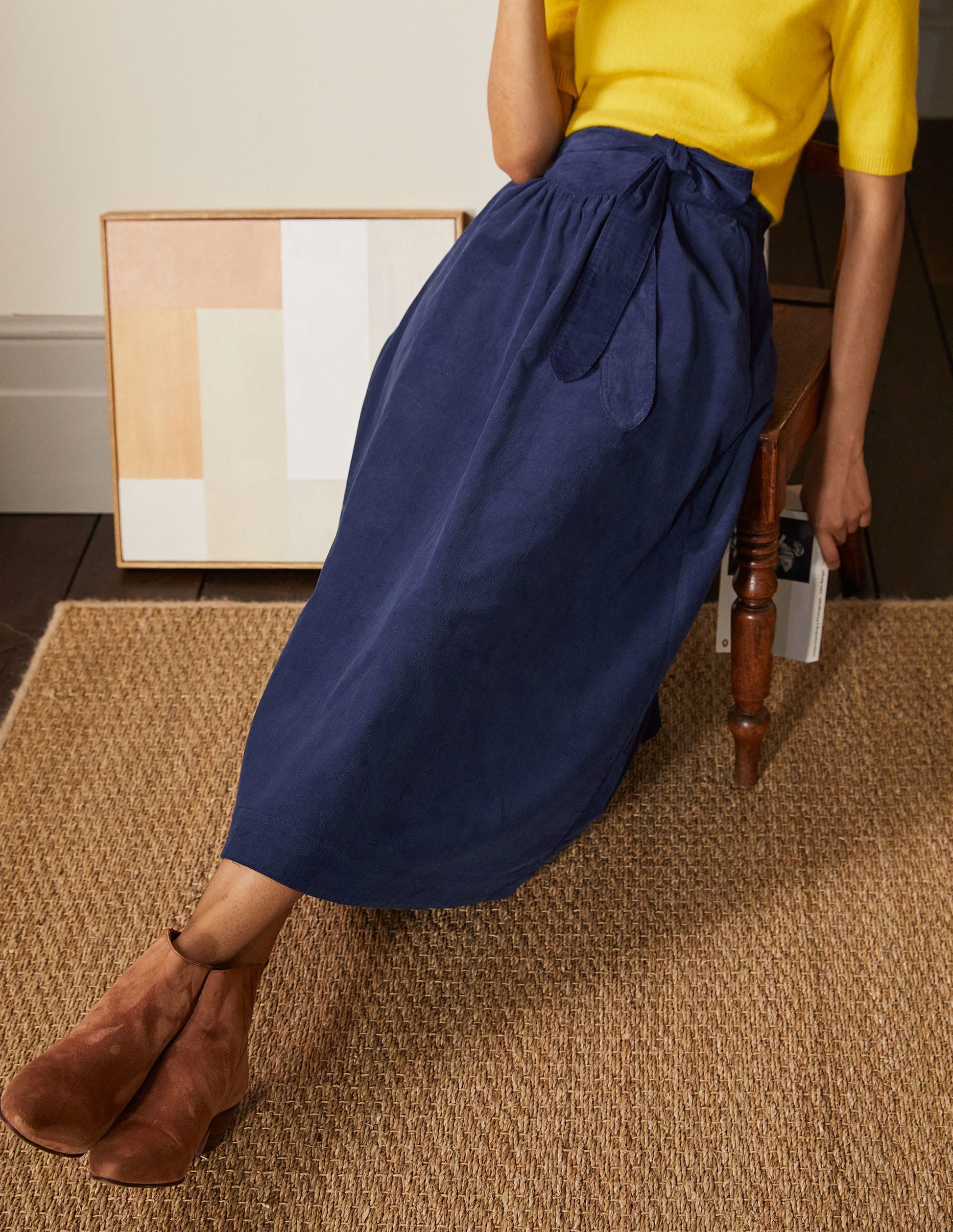 Tie Waist Cord Midaxi Skirt-Night Blue-4